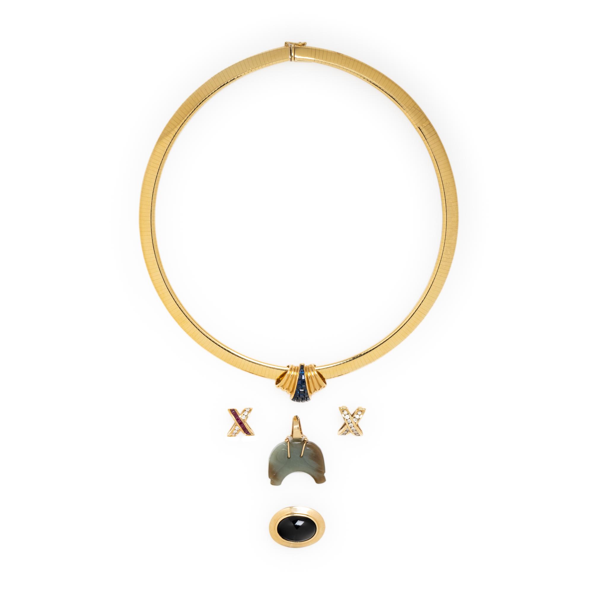 YELLOW GOLD OMEGA NECKLACE WITH FIVE MULTIGEM SLIDE PENDANTS
