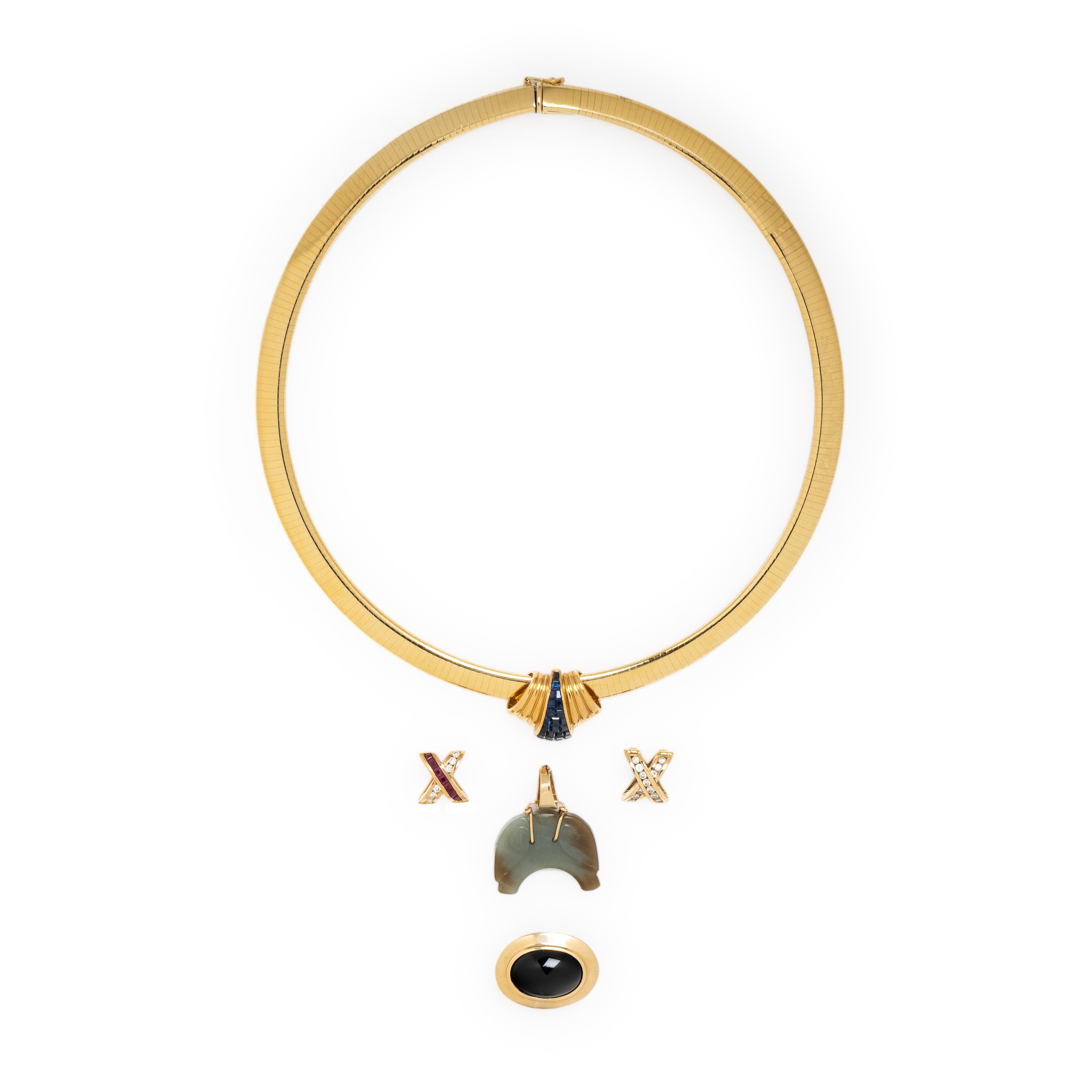 YELLOW GOLD OMEGA NECKLACE WITH FIVE MULTIGEM SLIDE PENDANTS