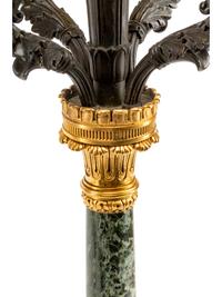 A Pair of Empire Style Gilt and Patinated Bronze and Marble Five-Light Candelabra