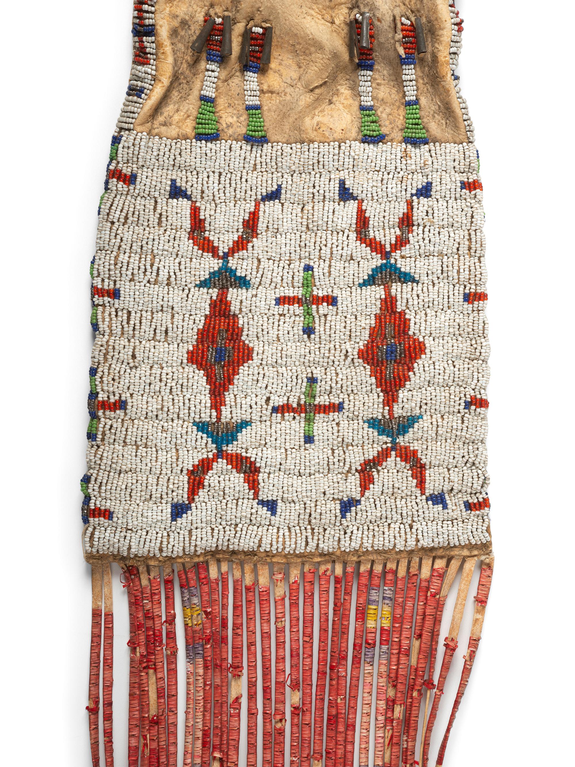 Sioux Beaded Hide Tobacco Bag, with Quilled Pipe Stem and Catlinite Bowl