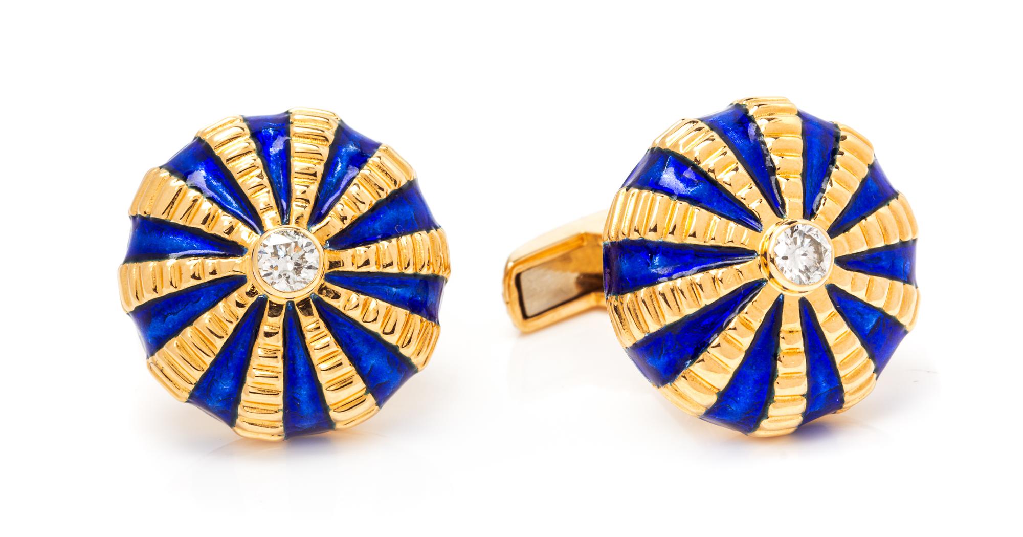 A Pair of 18 Karat Yellow Gold, Diamond and Enamel Cufflinks, Tiffany & Co., 14.85 dwts.