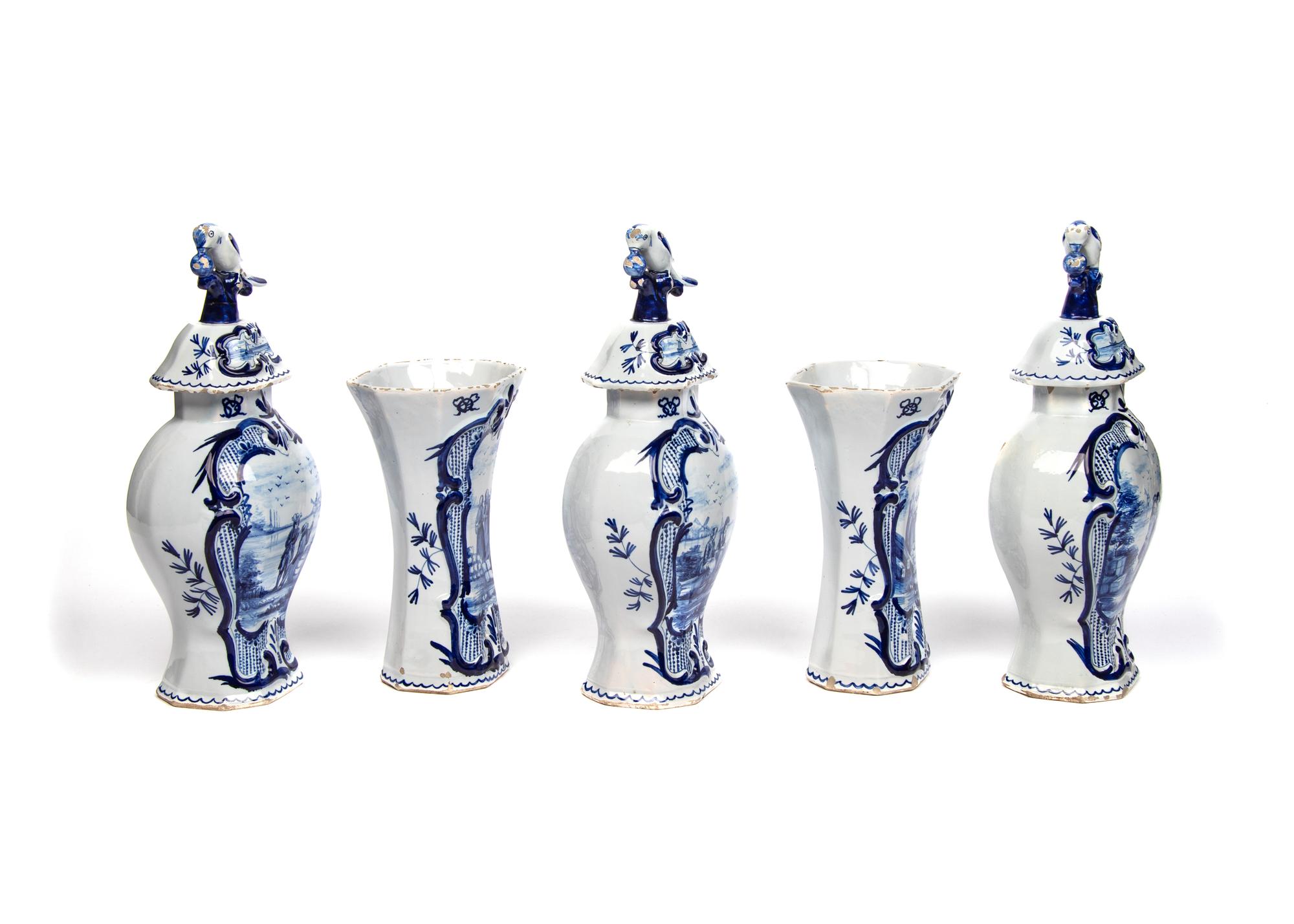 A Delft Earthenware Five-Piece Garniture