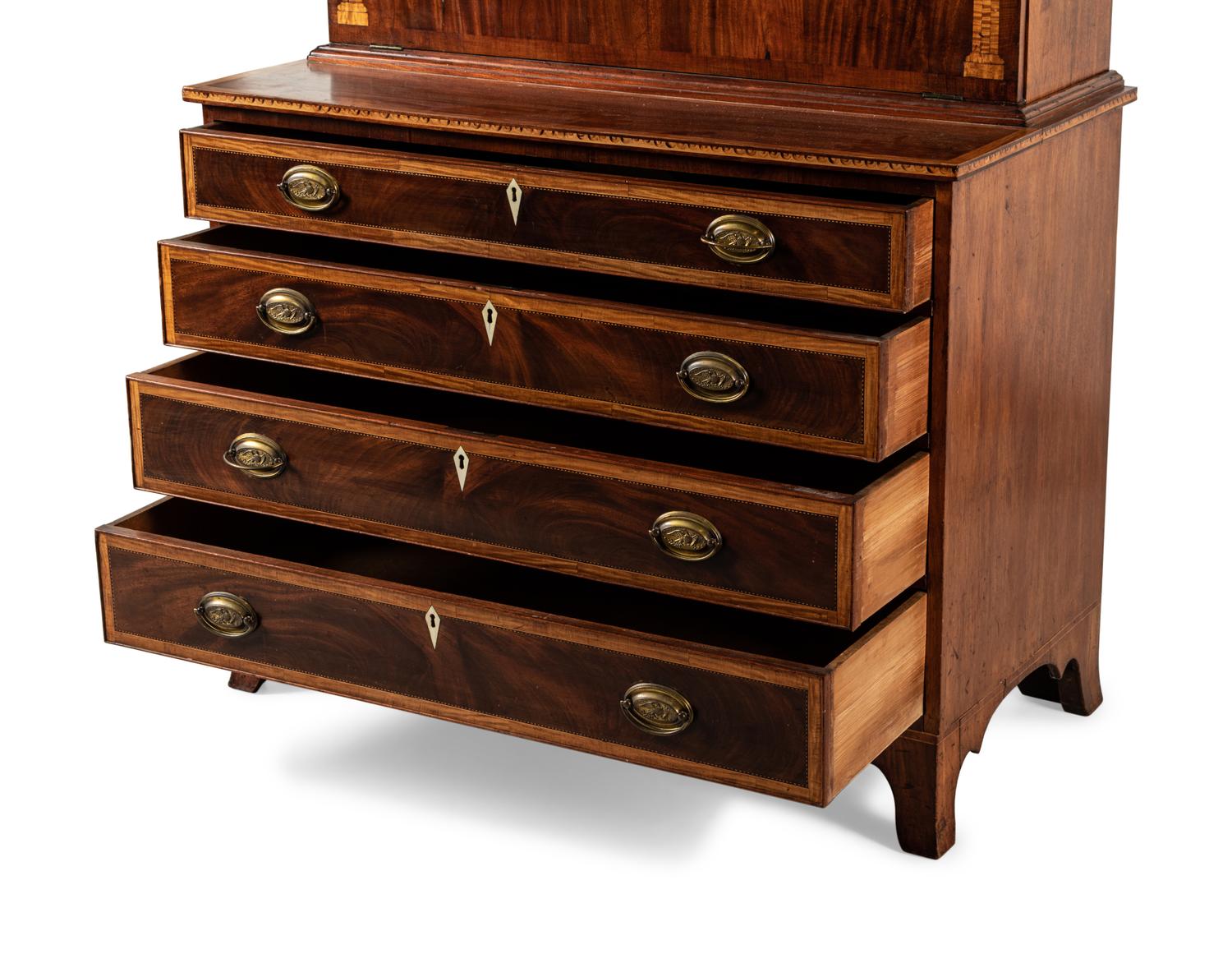 A Federal Mahogany and Satinwood-Inlaid Marquetry Fall Front Secretary Desk