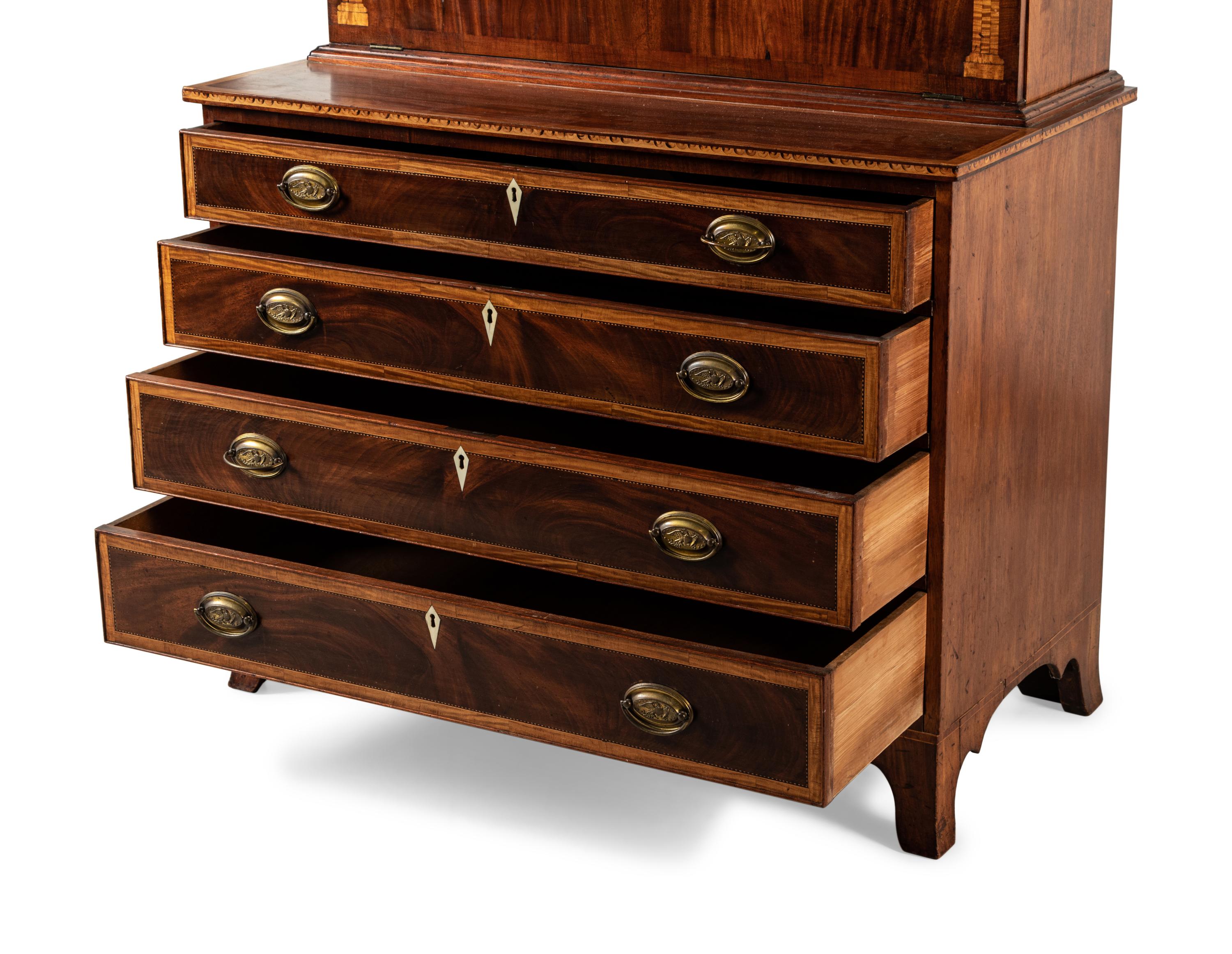 A Federal Mahogany and Satinwood-Inlaid Marquetry Fall Front Secretary Desk