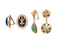 TWO PAIRS OF YELLOW GOLD AND GEMSTONE EARRINGS