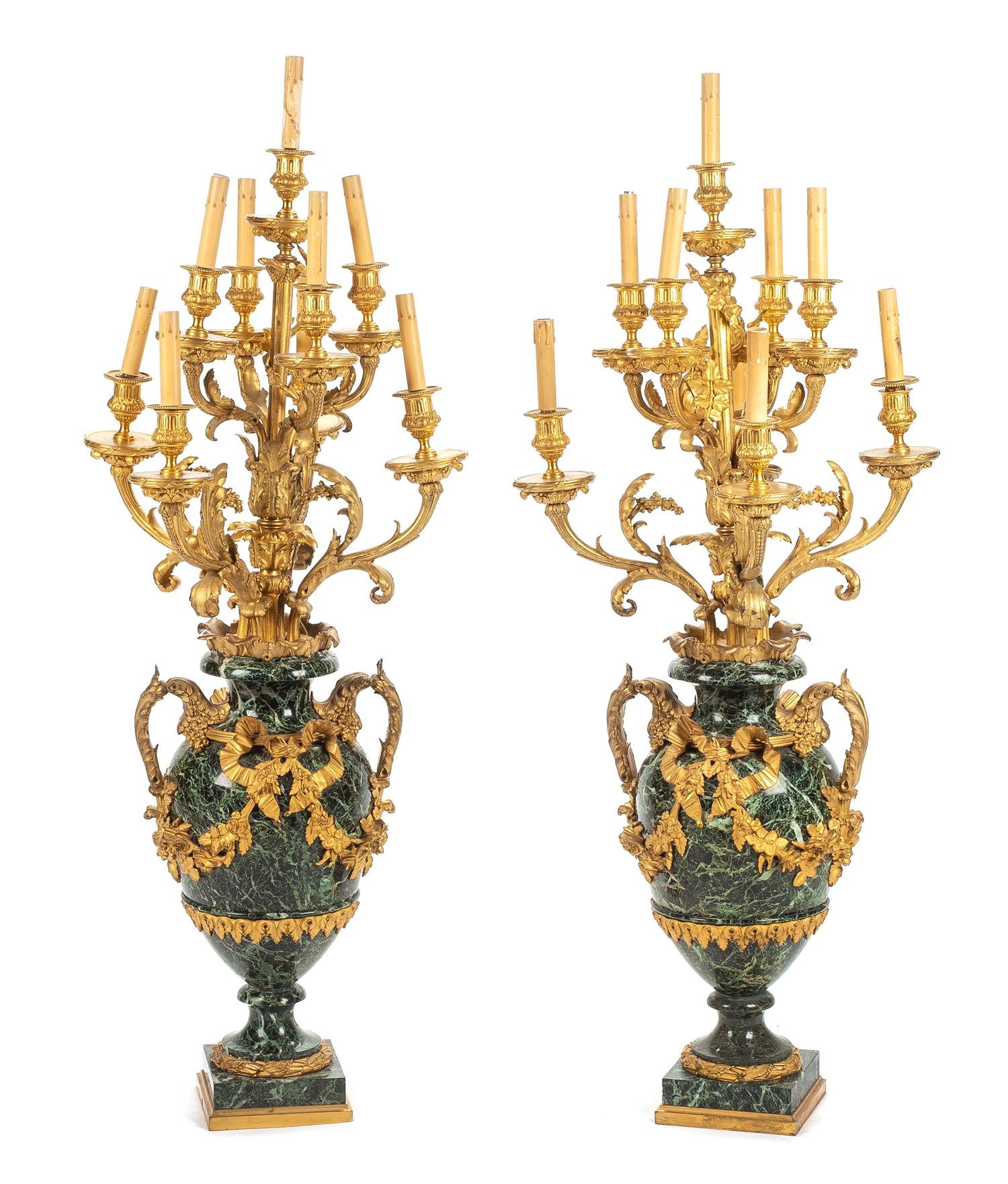 A Pair of Louis XV Style Gilt Bronze and Marble Nine-Light Candelabra Height overall 47 1/2 inches. — 19TH CENTURY