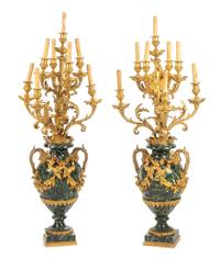 A Pair of Louis XV Style Gilt Bronze and Marble Nine-Light Candelabra Height overall 47 1/2 inches. — 19TH CENTURY