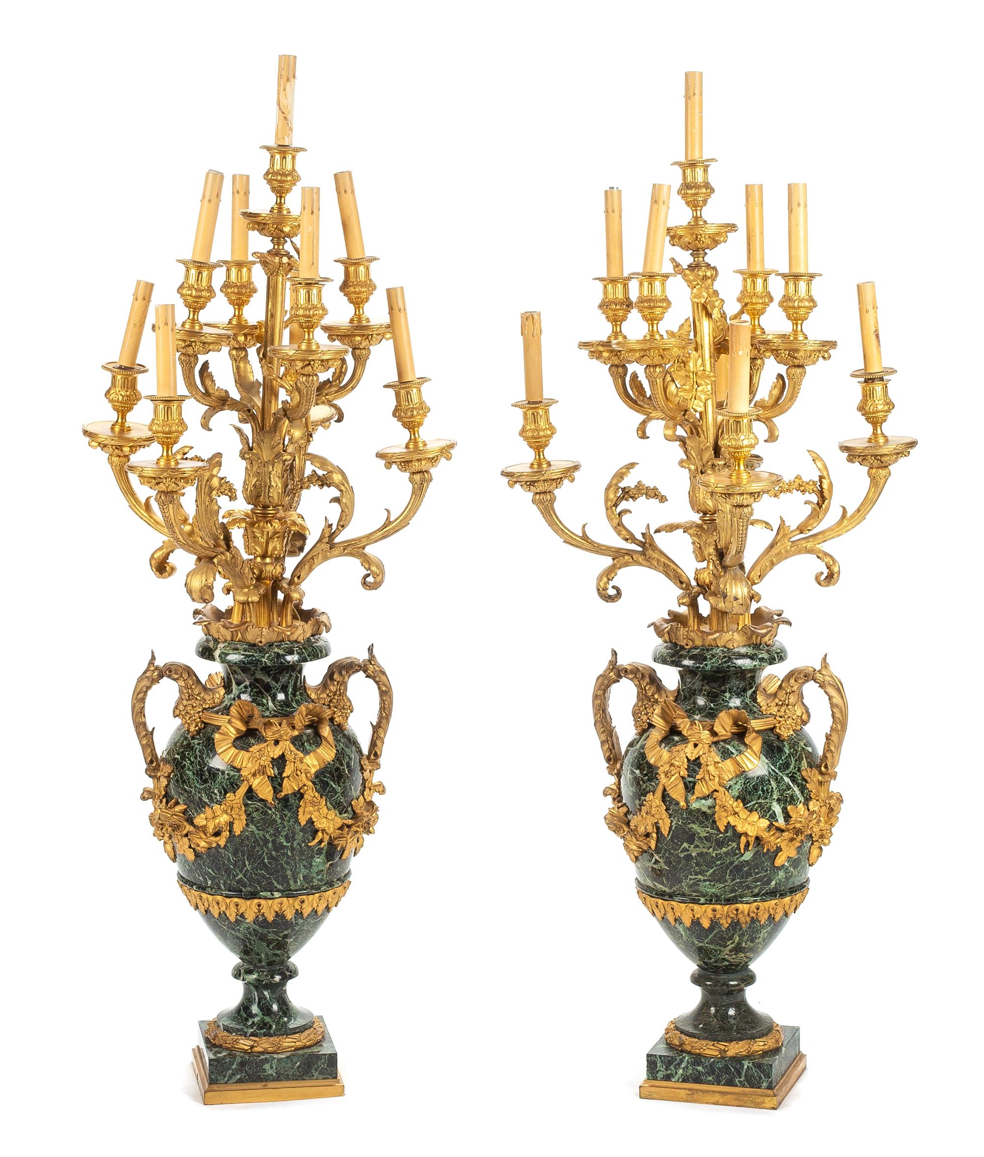 A Pair of Louis XV Style Gilt Bronze and Marble Nine-Light Candelabra Height overall 47 1/2 inches. — 19TH CENTURY
