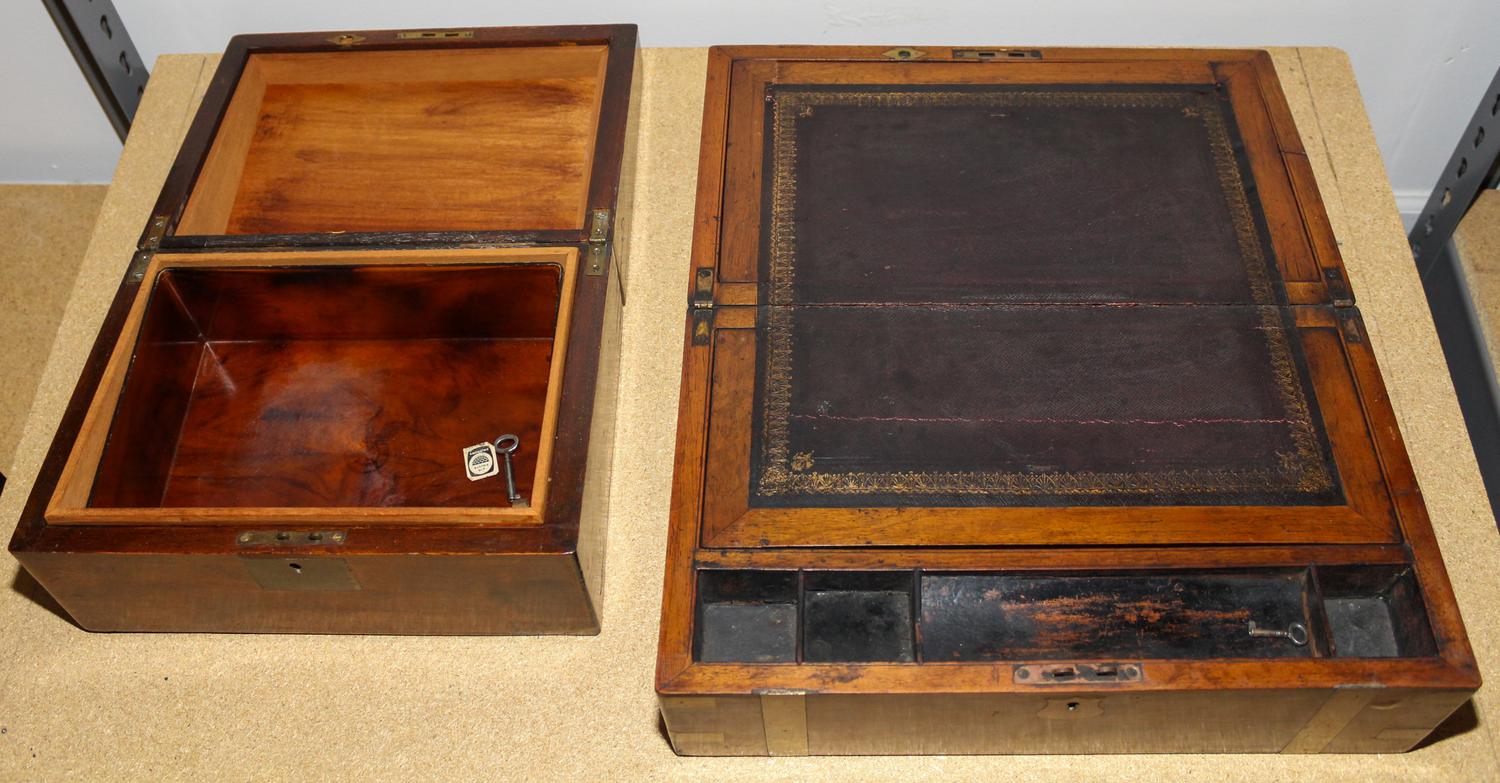 Two English Brass Mounted Mahogany Writing Slopes Height of larger 6 x width 15 3/4 x depth 9 5/8 inches.