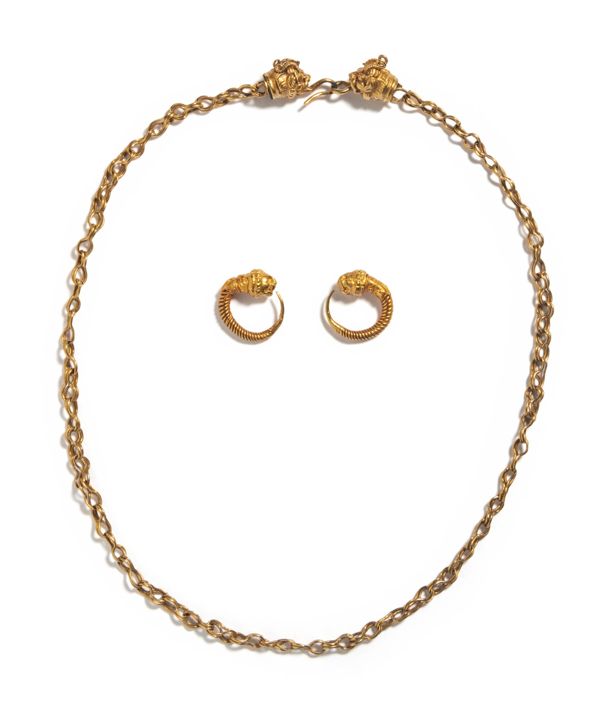 A Hellenistic Gold Necklace with a Pair of Hoop Earrings each with Lion-Head Terminals