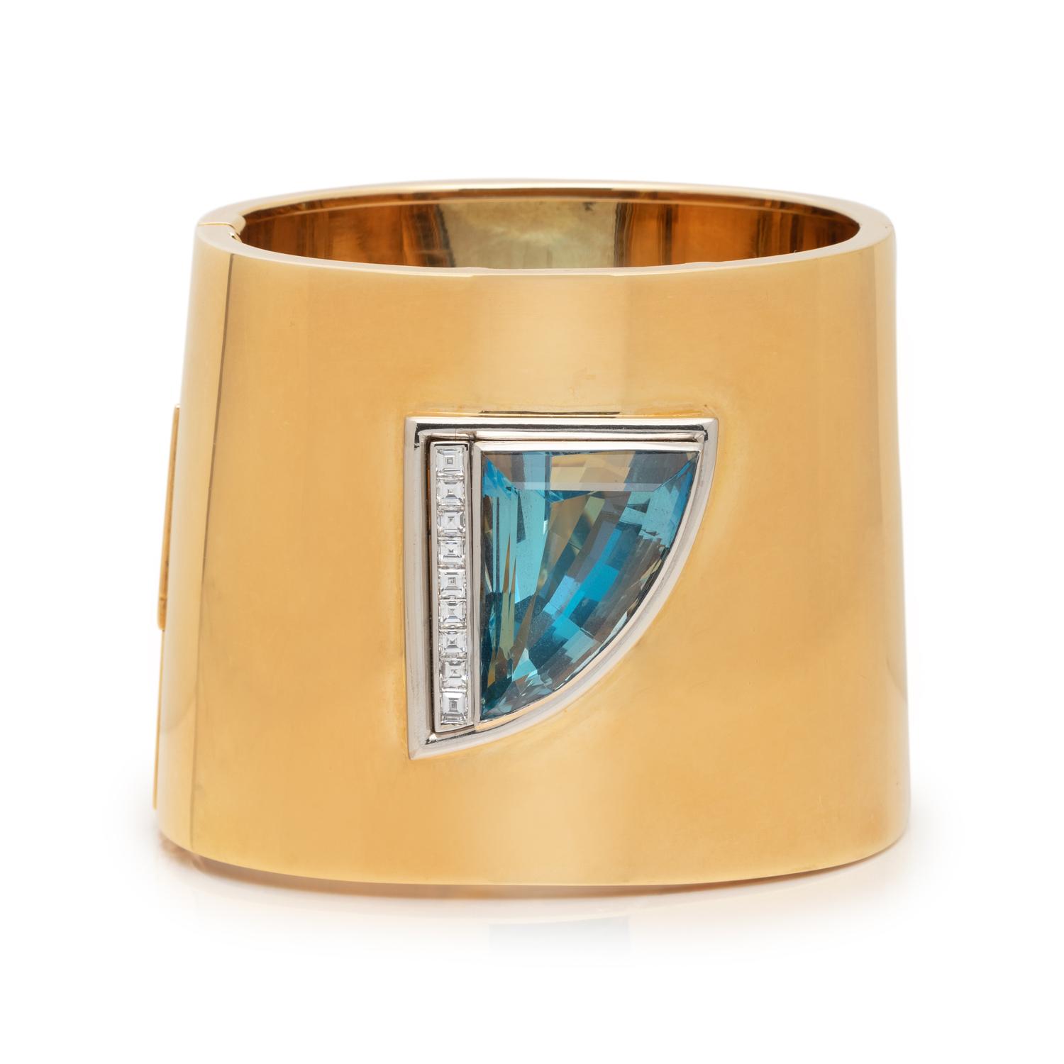 TIFFANY & CO., PALOMA PICASSO, BICOLOR GOLD, AQUAMARINE AND DIAMOND BANGLE BRACELET