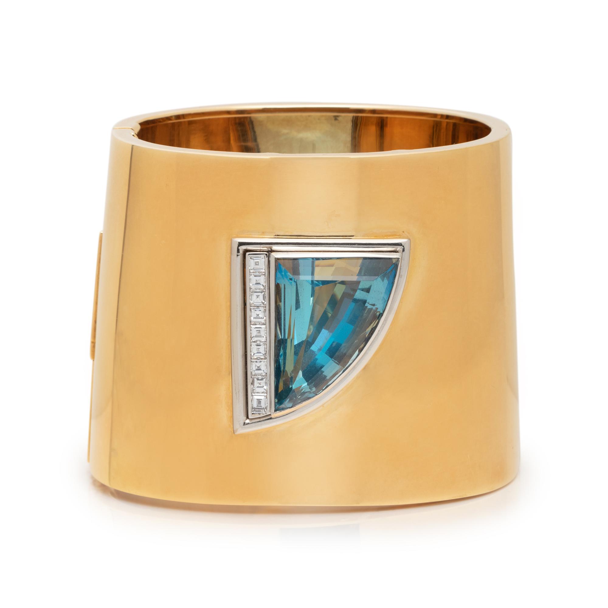 TIFFANY & CO., PALOMA PICASSO, BICOLOR GOLD, AQUAMARINE AND DIAMOND BANGLE BRACELET