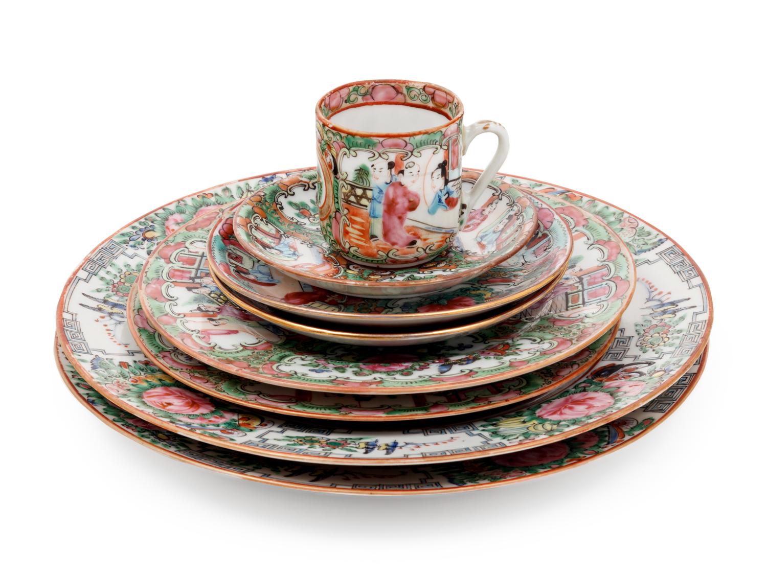 A Large Collection of 128 Export Rose Medallion Porcelain Wares