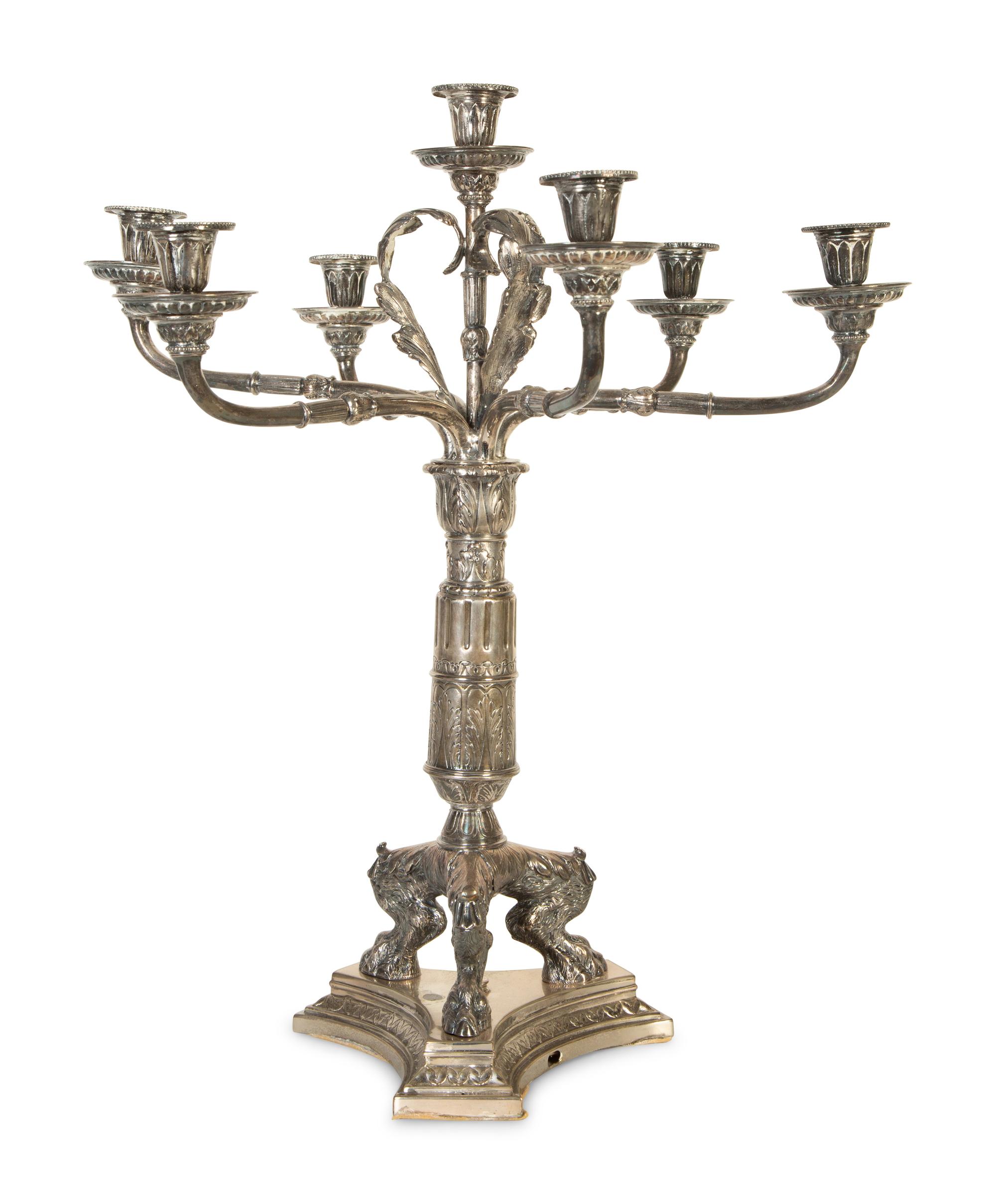 A Pair of English Silver Plate Seven-Light Candelabra — 19th Century
