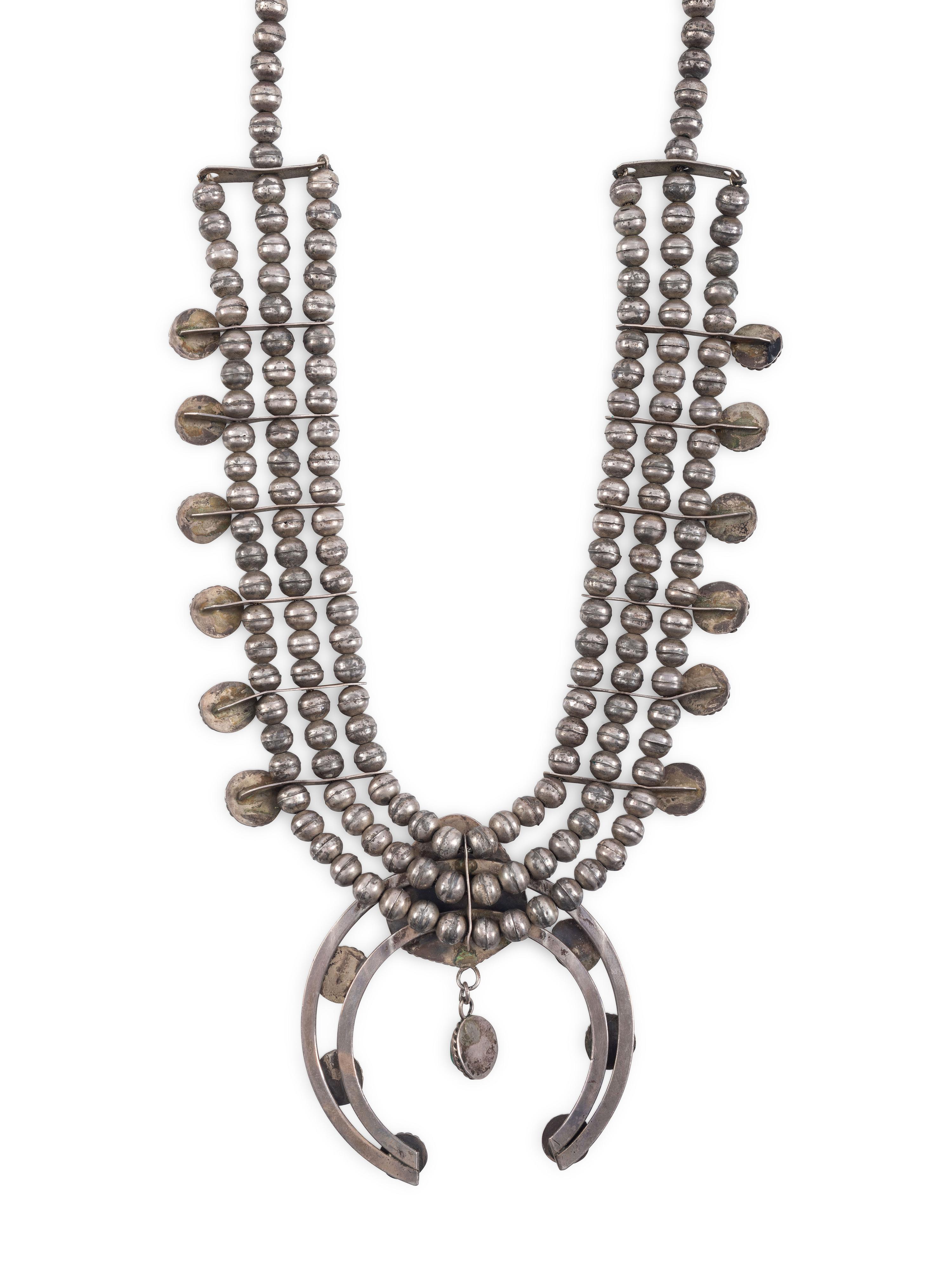 Navajo Silver and Turquoise Squash Blossom Necklace