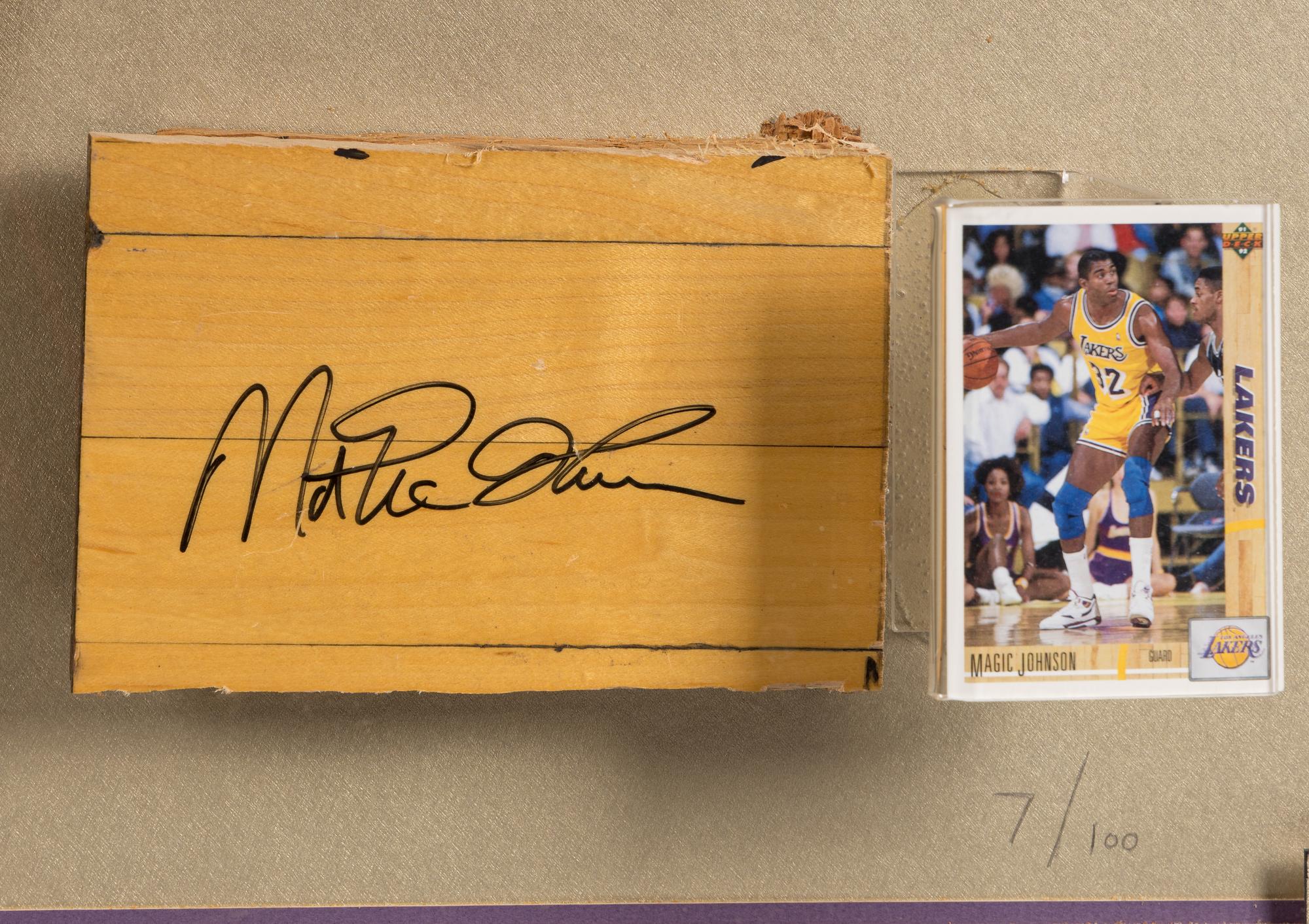 An Upper Deck Authenticated Magic Johnson Multi Signed Autograph Los Angeles Lakers Shadowbox Display,