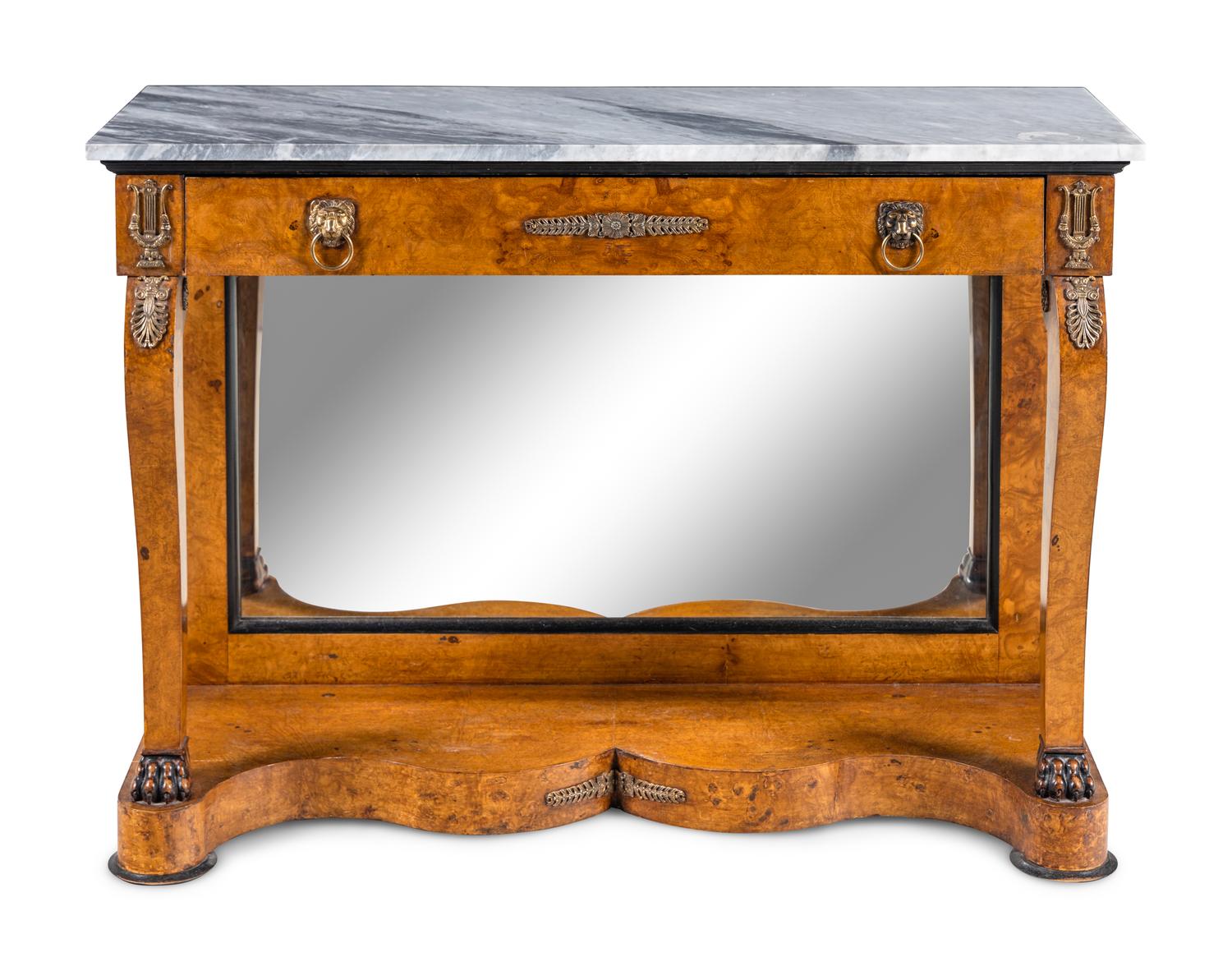 A Charles X Gilt Bronze Mounted Burlwood Marble-Top Pier Table