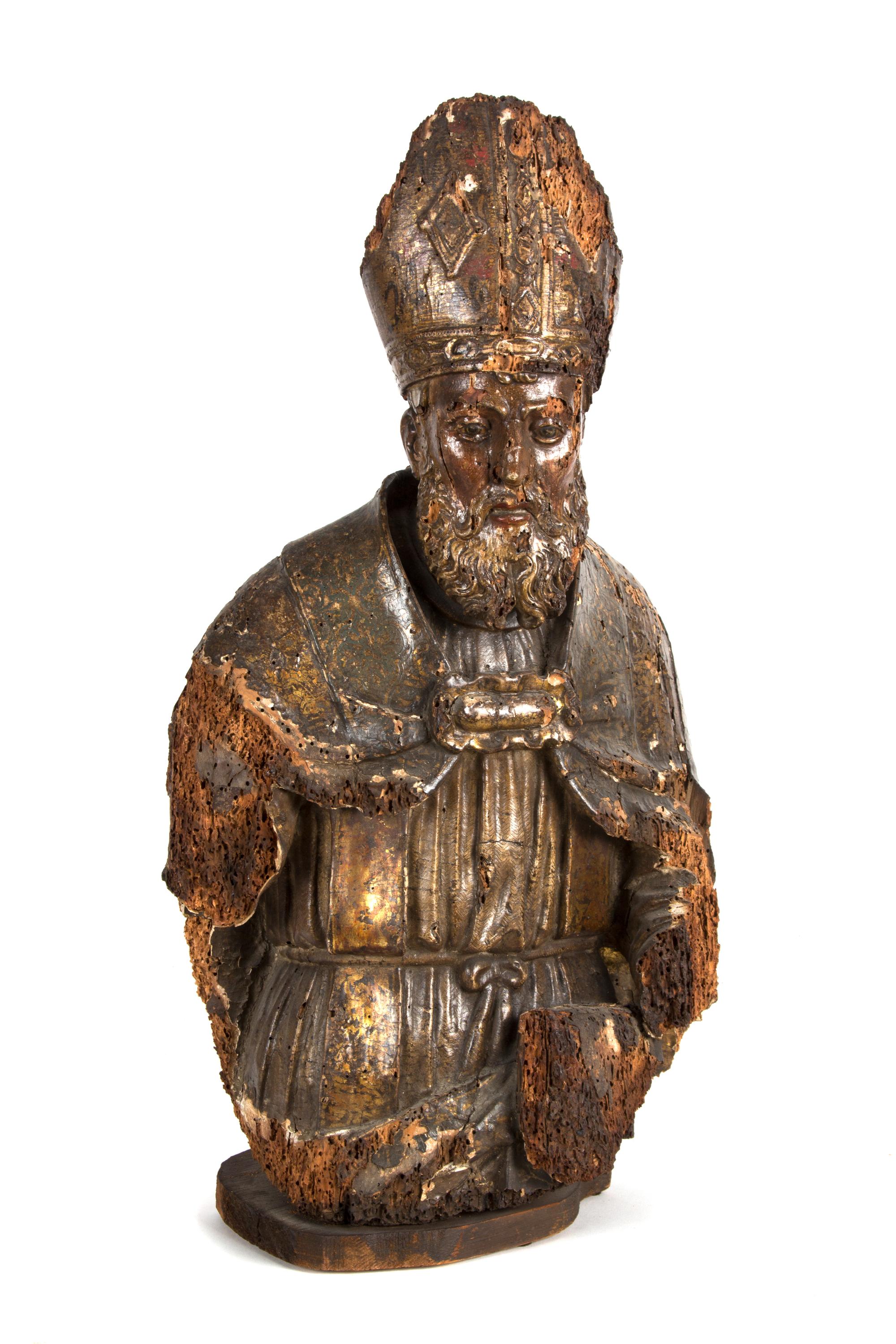 An Early Continental Ecclesiastic Carved Wood Bust of a Bishop Height 25 inches.