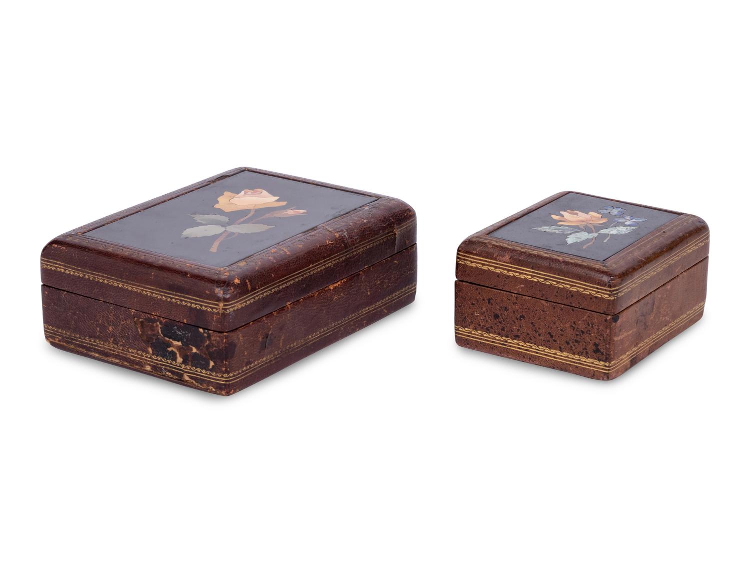 Two Continental Pietra Dura and Tooled Leather Boxes