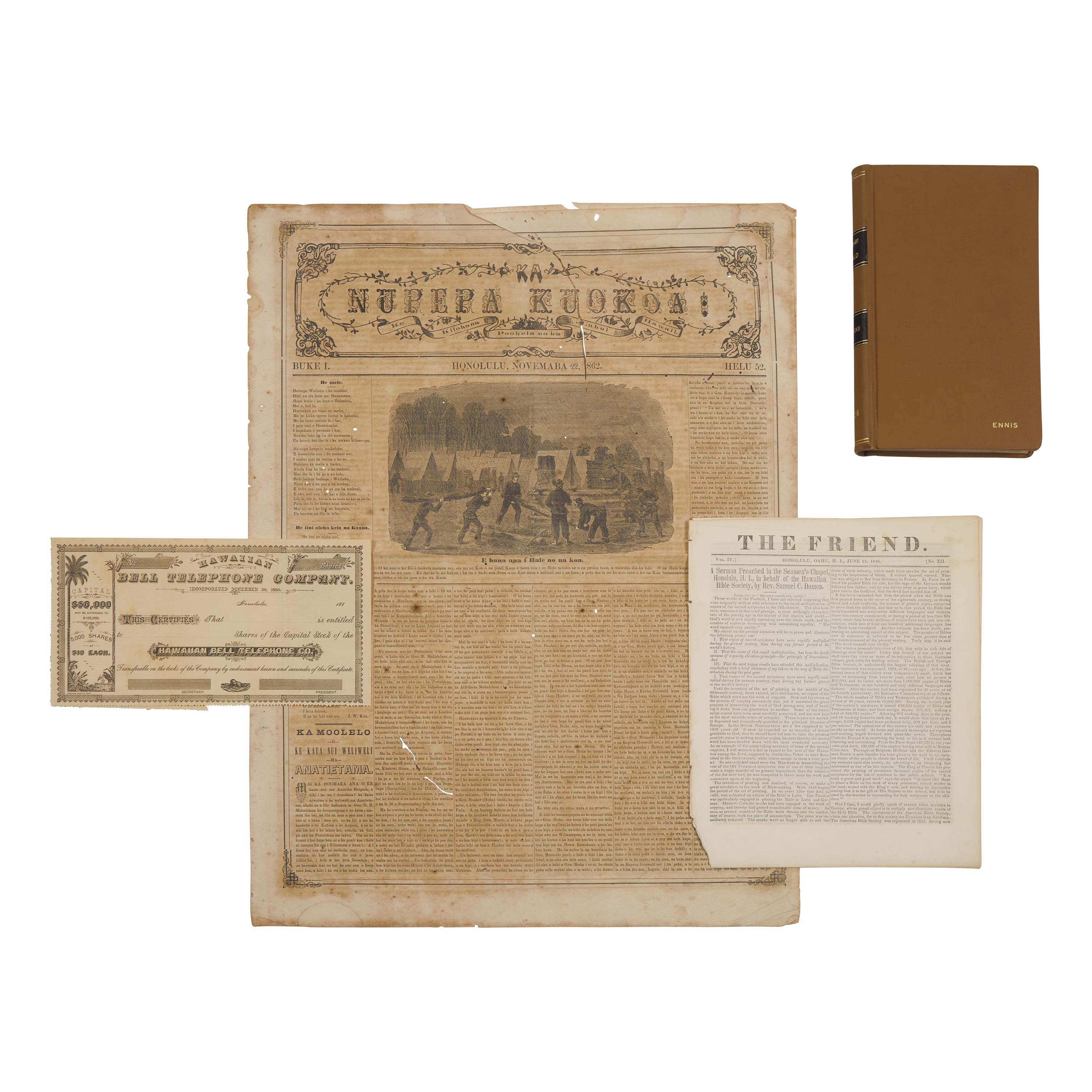 [Hawaii] Group of 4 Early Newspapers and Documents Relating to Hawaii, 1826-80s