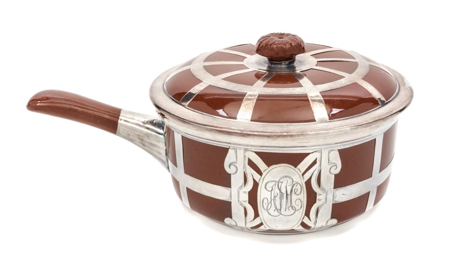 A Sarreguemines Silver Overlay Covered Pot Width 11 inches.
