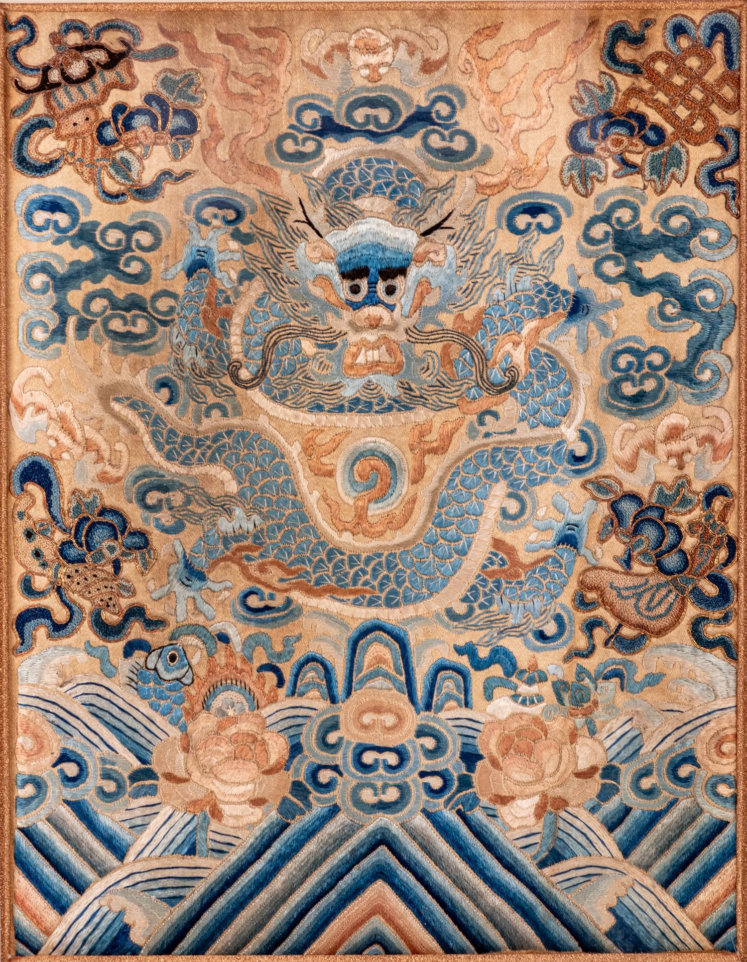A Chinese Embroidered Silk 'Dragon' Panel