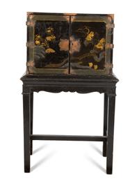 A Chinese Black and Gilt Lacquered Cabinet on Stand