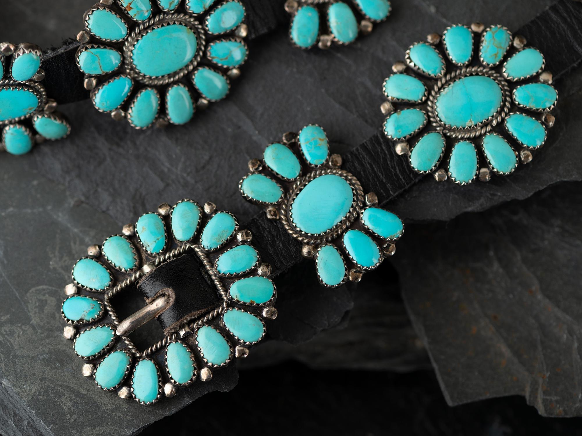 Petite Navajo or Zuni Siler and Turquoise Cluster Concha Belt