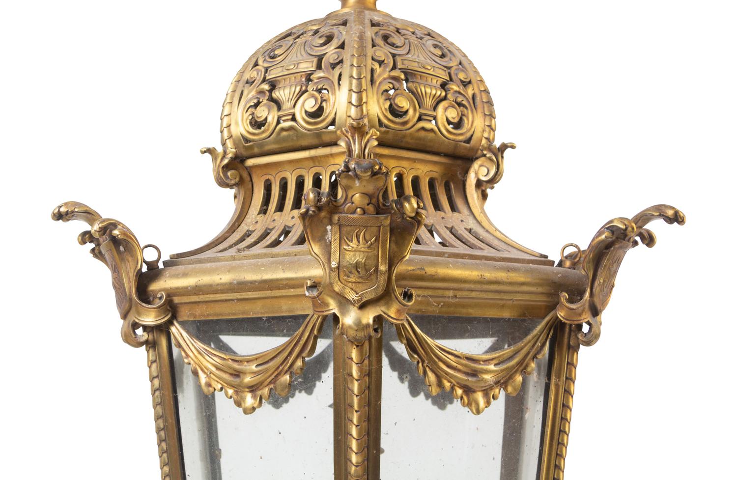 A Large Continental Gilt Brass Hall Lantern