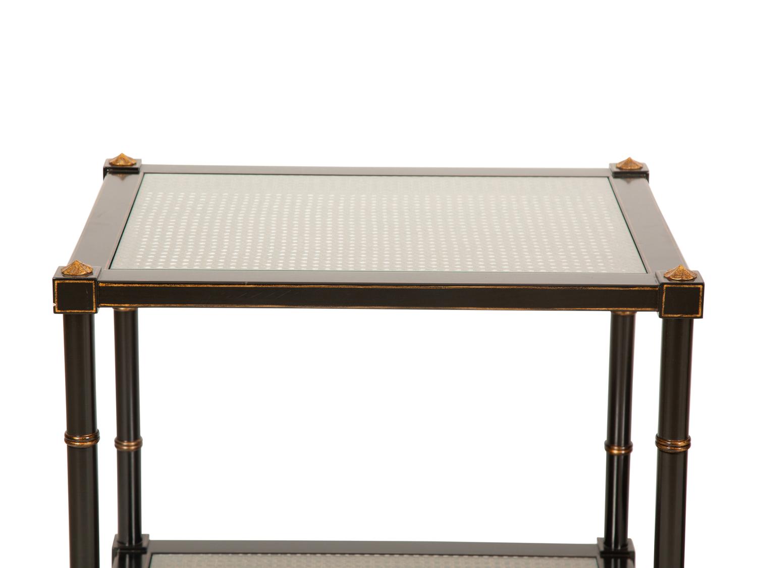 A Pair of Regency Style Ebonized and Gilt Decorated Side Tables