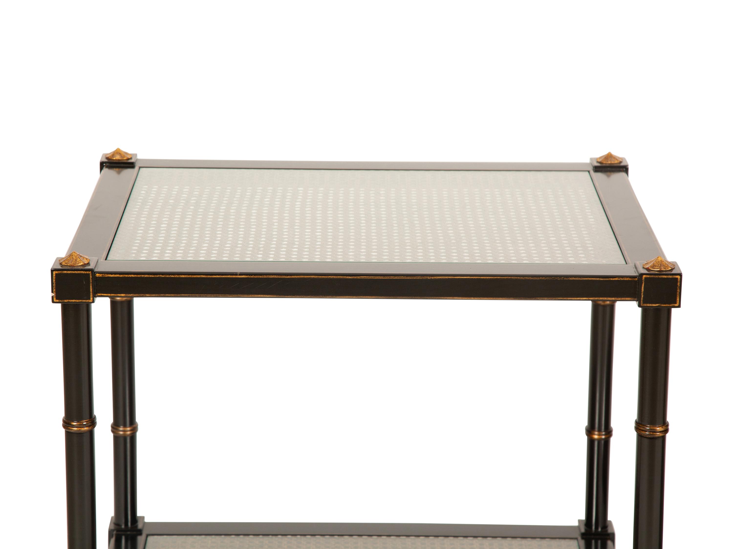 A Pair of Regency Style Ebonized and Gilt Decorated Side Tables