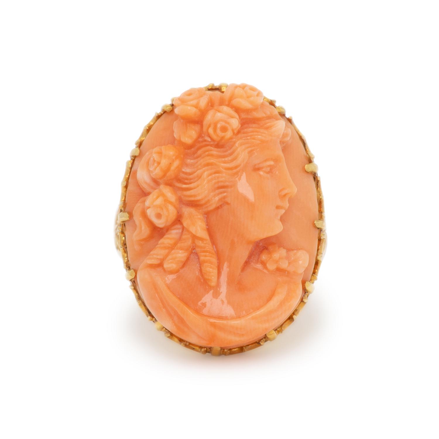 CORAL CAMEO AND YELLOW GOLD RING