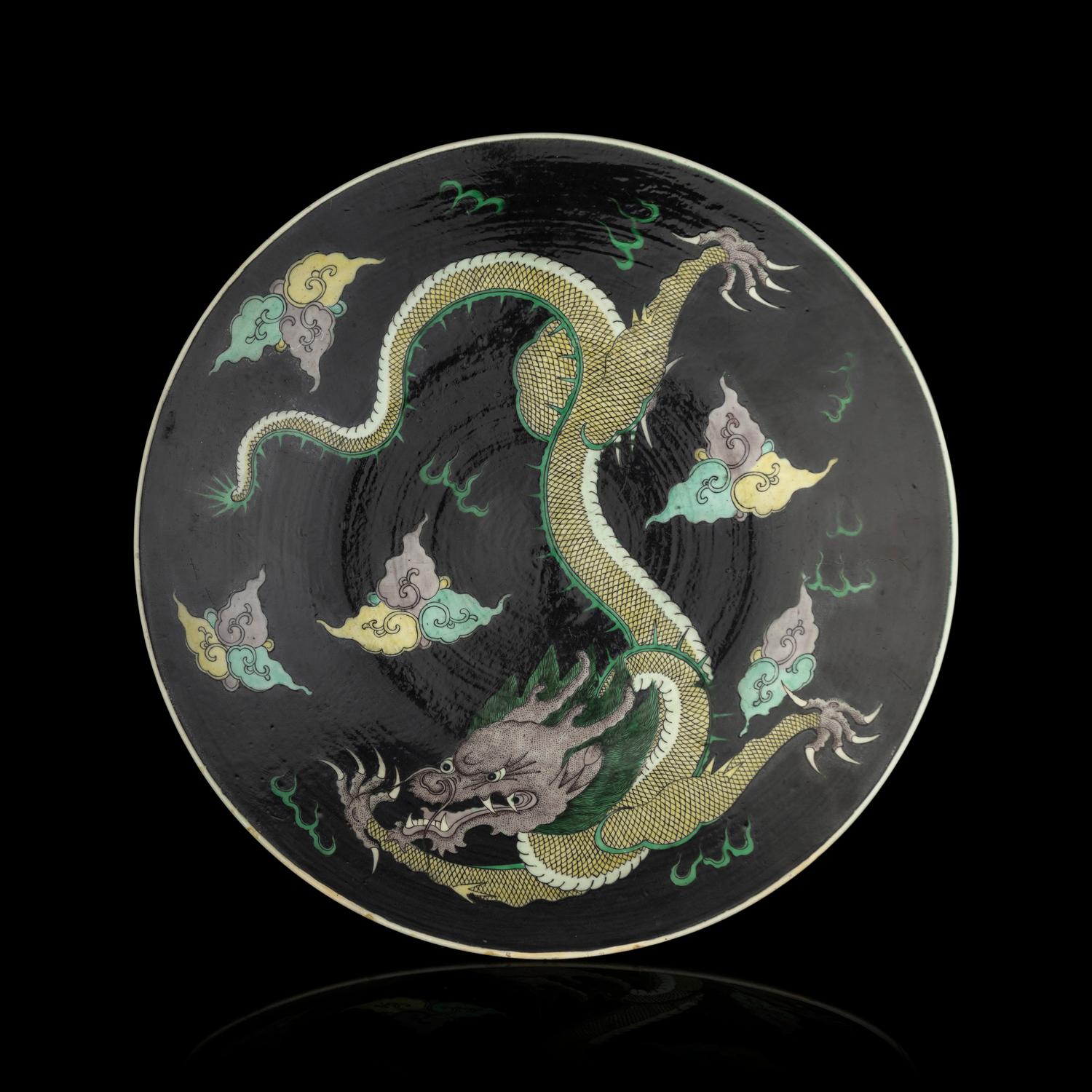 A Chinese Famille Noire Porcelain 'Dragon' Charger