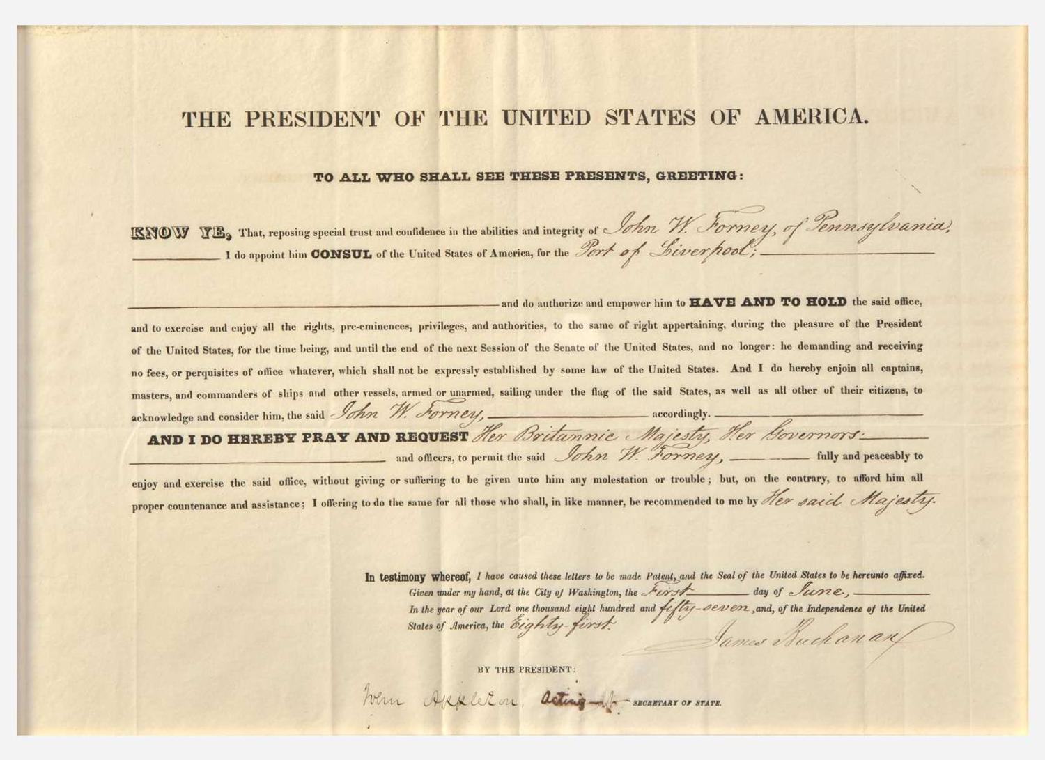 [Presidential]. Buchanan, James. Partially-Printed Document, signed