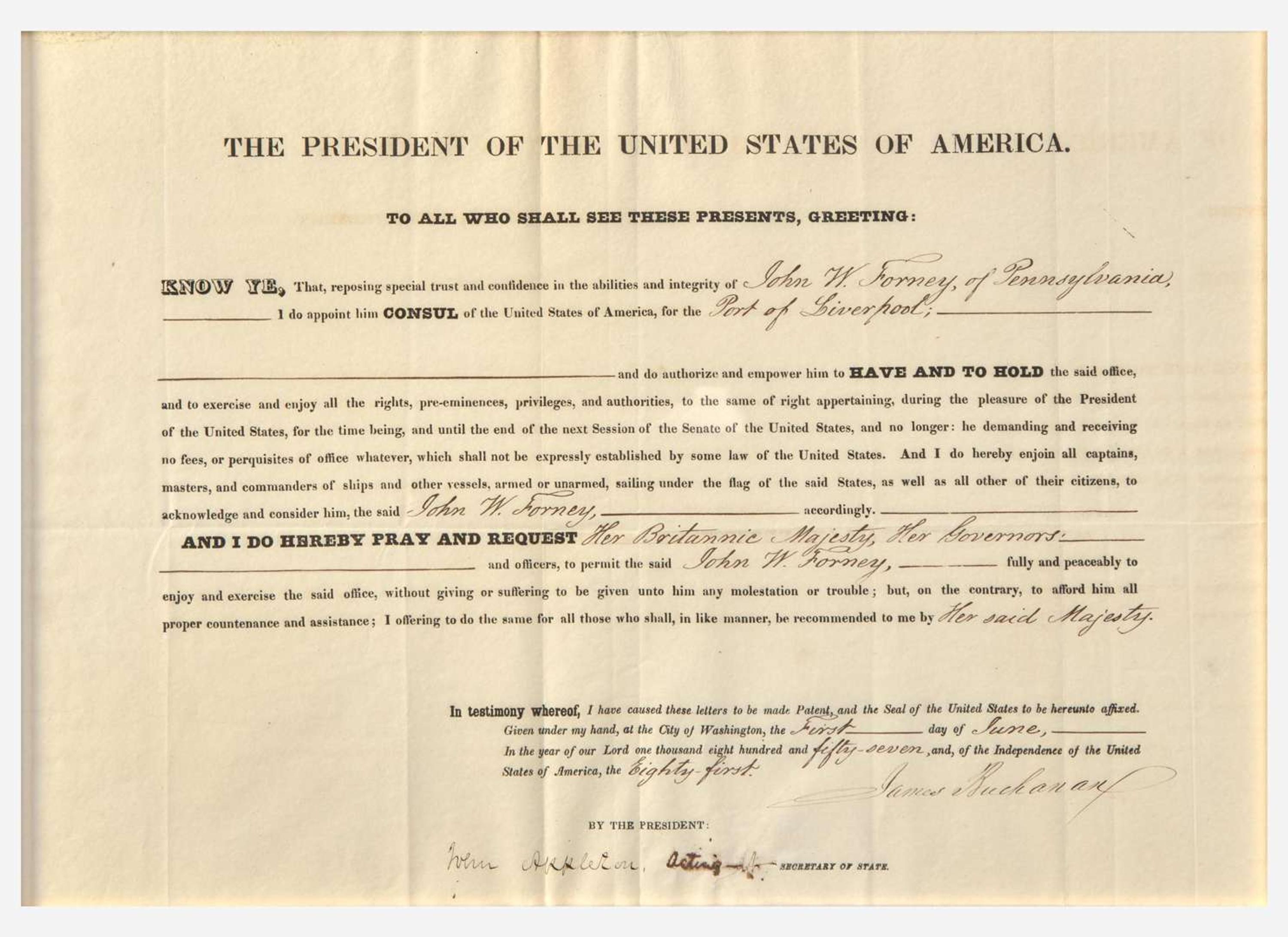 [Presidential]. Buchanan, James. Partially-Printed Document, signed