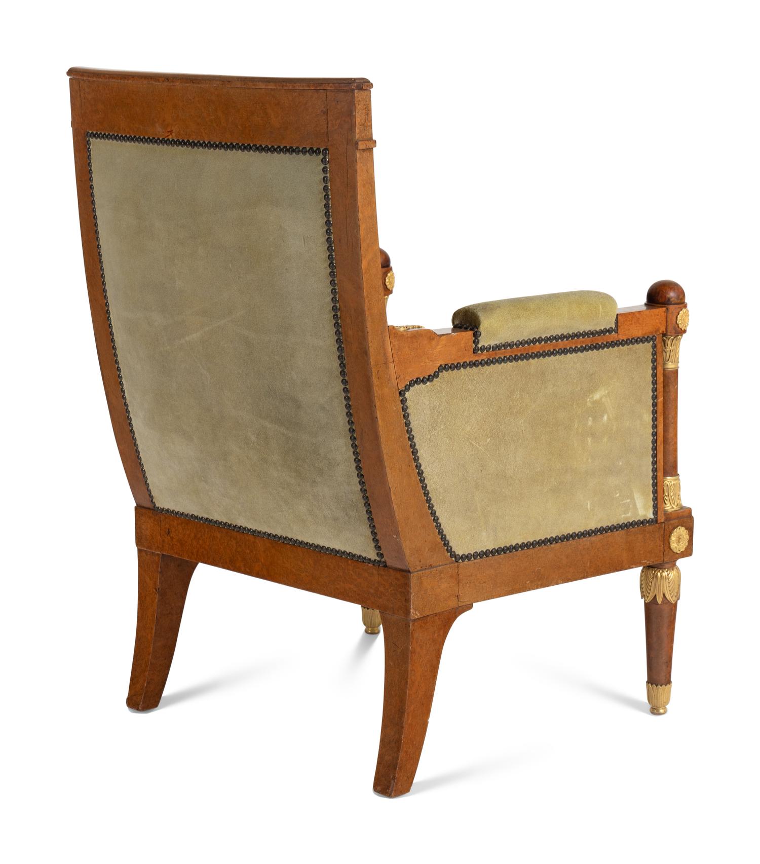 A Pair of Neoclassical Gilt Bronze Mounted Burlwood Bergères