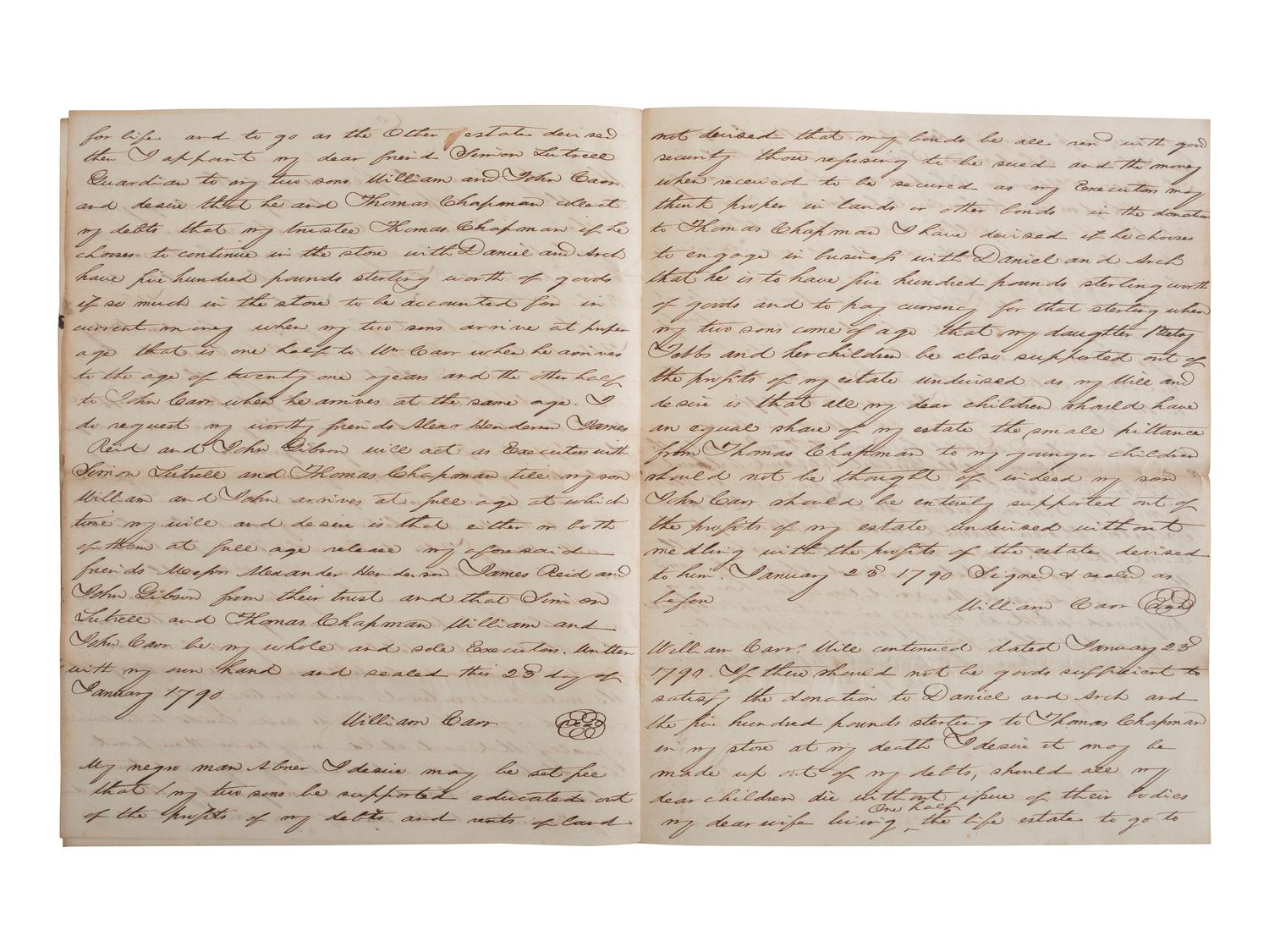 [ENSLAVEMENT & ABOLITION]. A group of 4 documents identified to the Carr and Tebbs families of Virginia, incl. references to the manumission and sale of enslaved persons.