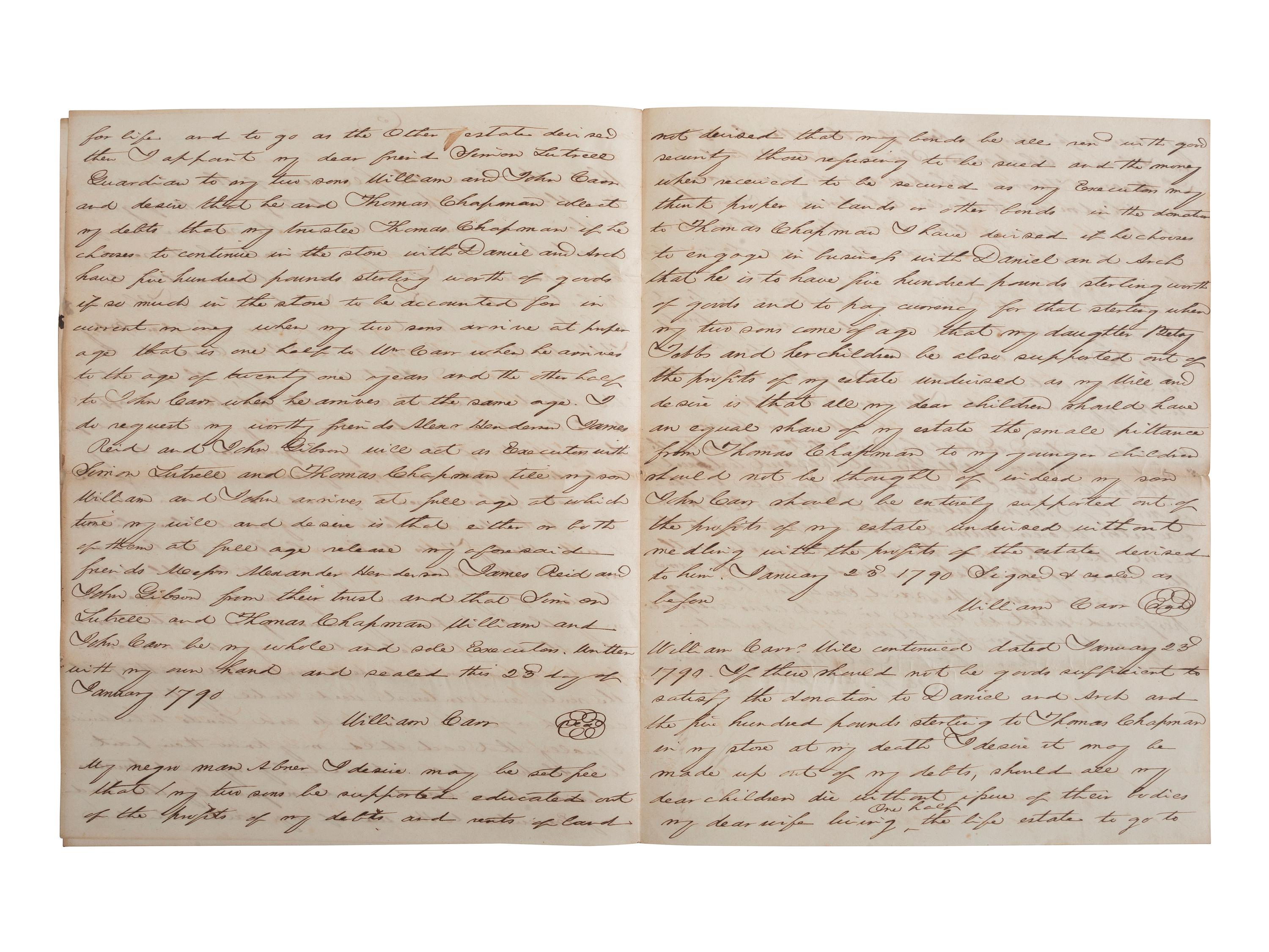 [ENSLAVEMENT & ABOLITION]. A group of 4 documents identified to the Carr and Tebbs families of Virginia, incl. references to the manumission and sale of enslaved persons.