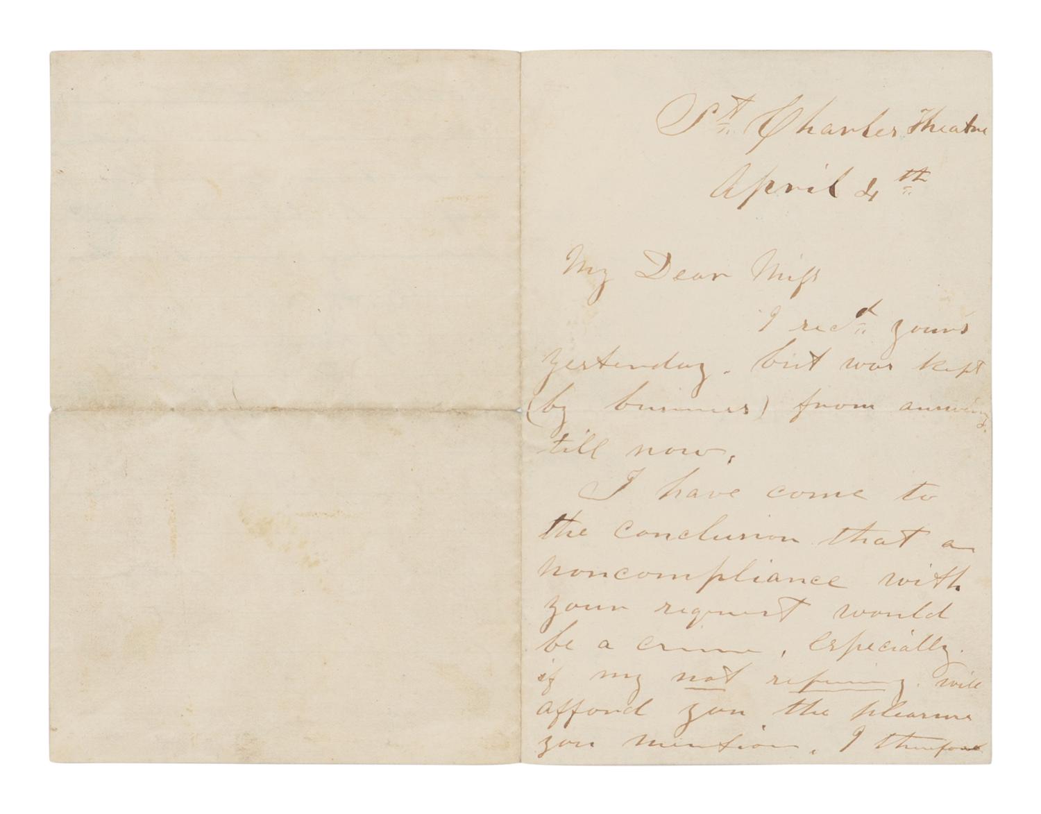 BOOTH, John Wilkes (1838-1865). Autograph letter signed ("J.W.B") to "My dear miss" from the St. Charles Theater, New Orleans, 4 April [1864].