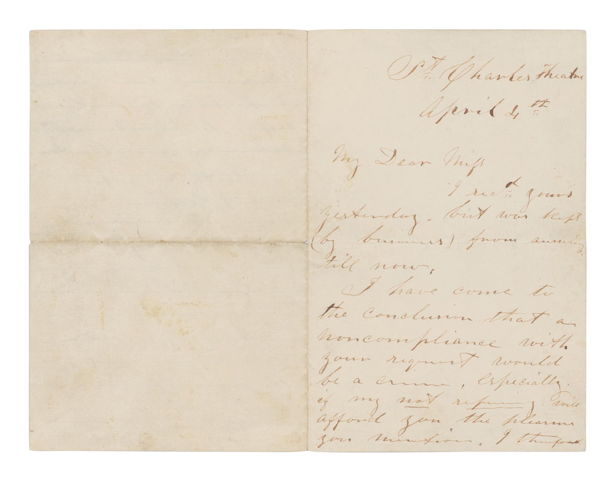 BOOTH, John Wilkes (1838-1865). Autograph letter signed ("J.W.B") to "My dear miss" from the St. Charles Theater, New Orleans, 4 April [1864].