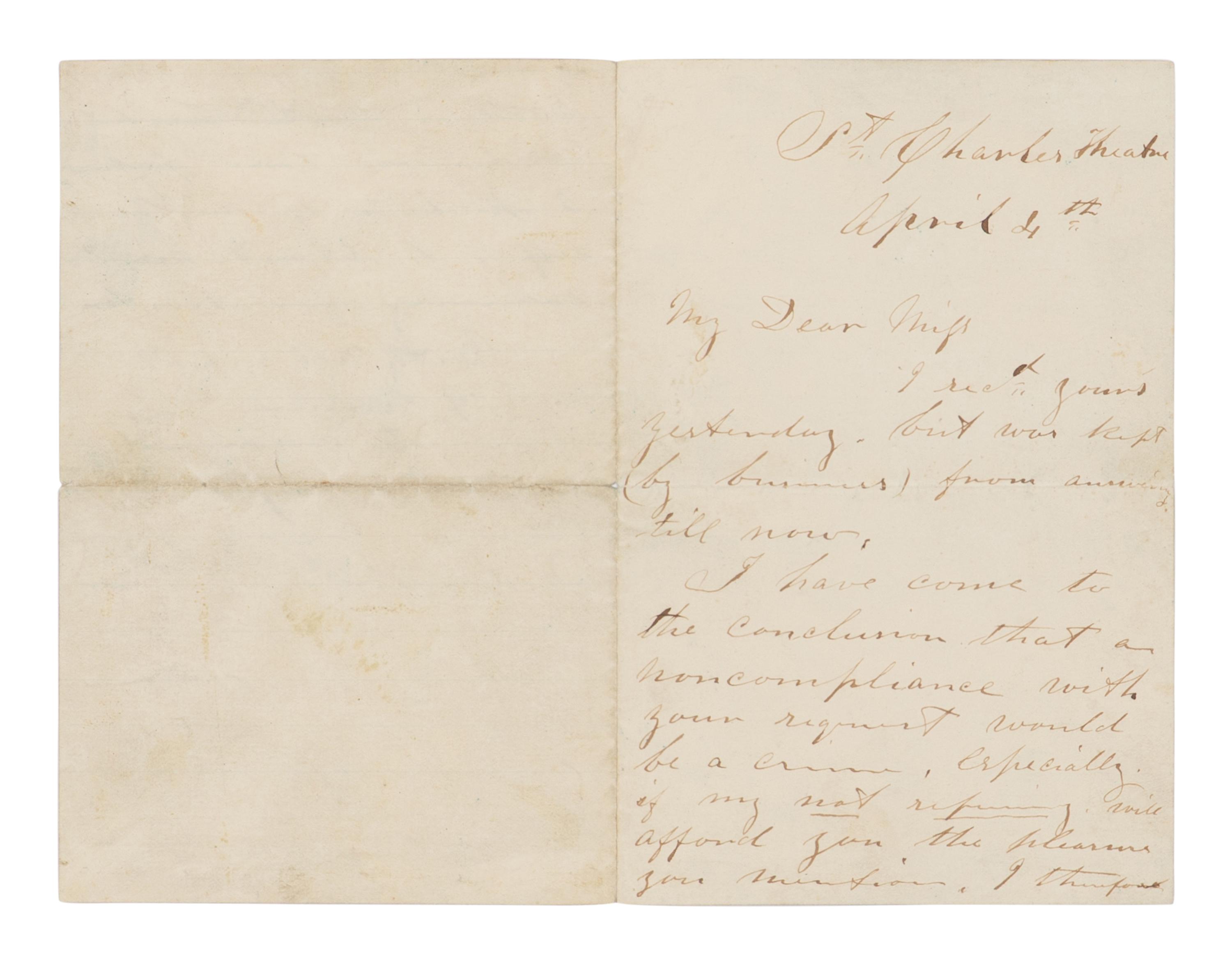 BOOTH, John Wilkes (1838-1865). Autograph letter signed ("J.W.B") to "My dear miss" from the St. Charles Theater, New Orleans, 4 April [1864].