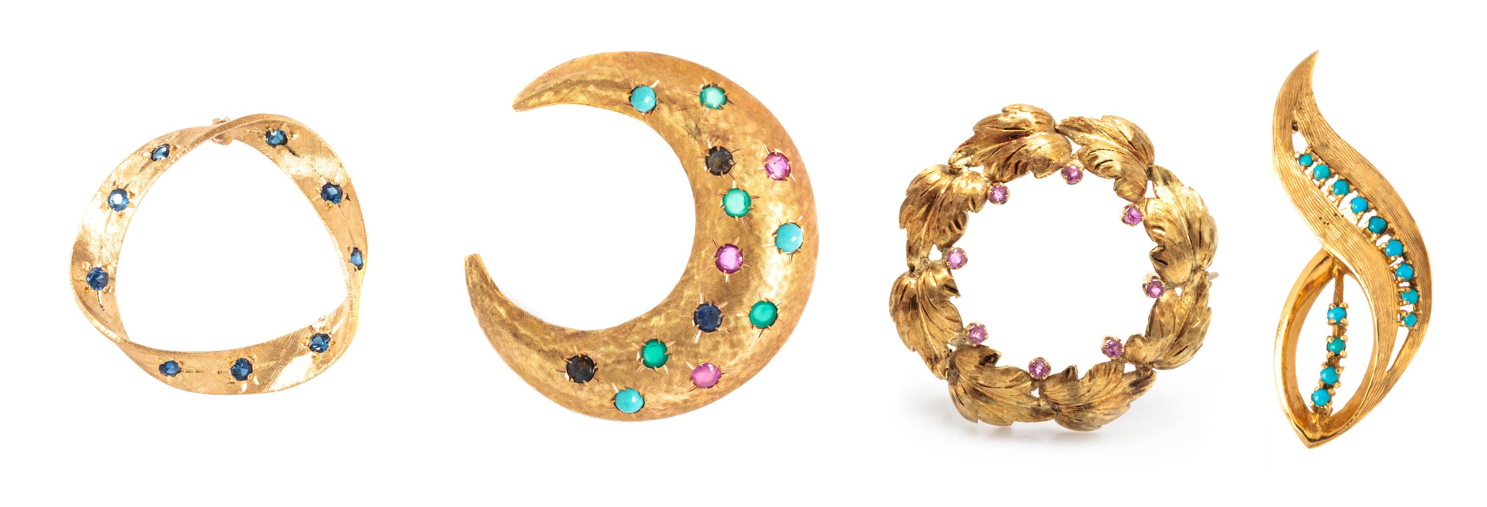 A Collection of Yellow Gold and Multi Gem Brooches, 17.20 dwts.