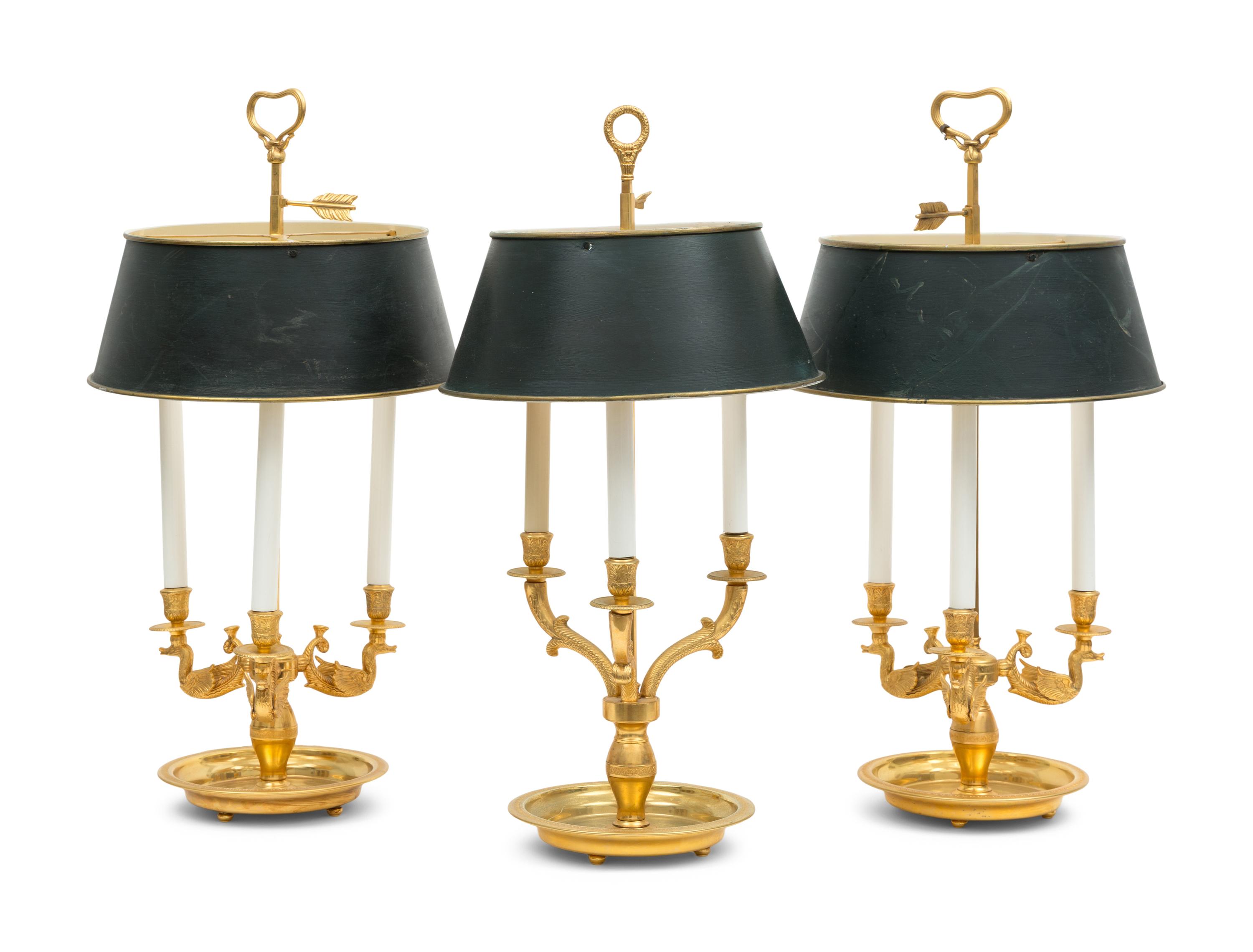 A Trio of French Empire Style Gilt Bronze Bouillotte Lamps with Tole Painted Shades