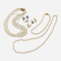 A collection of six pieces of cultured pearl and gold jewelry