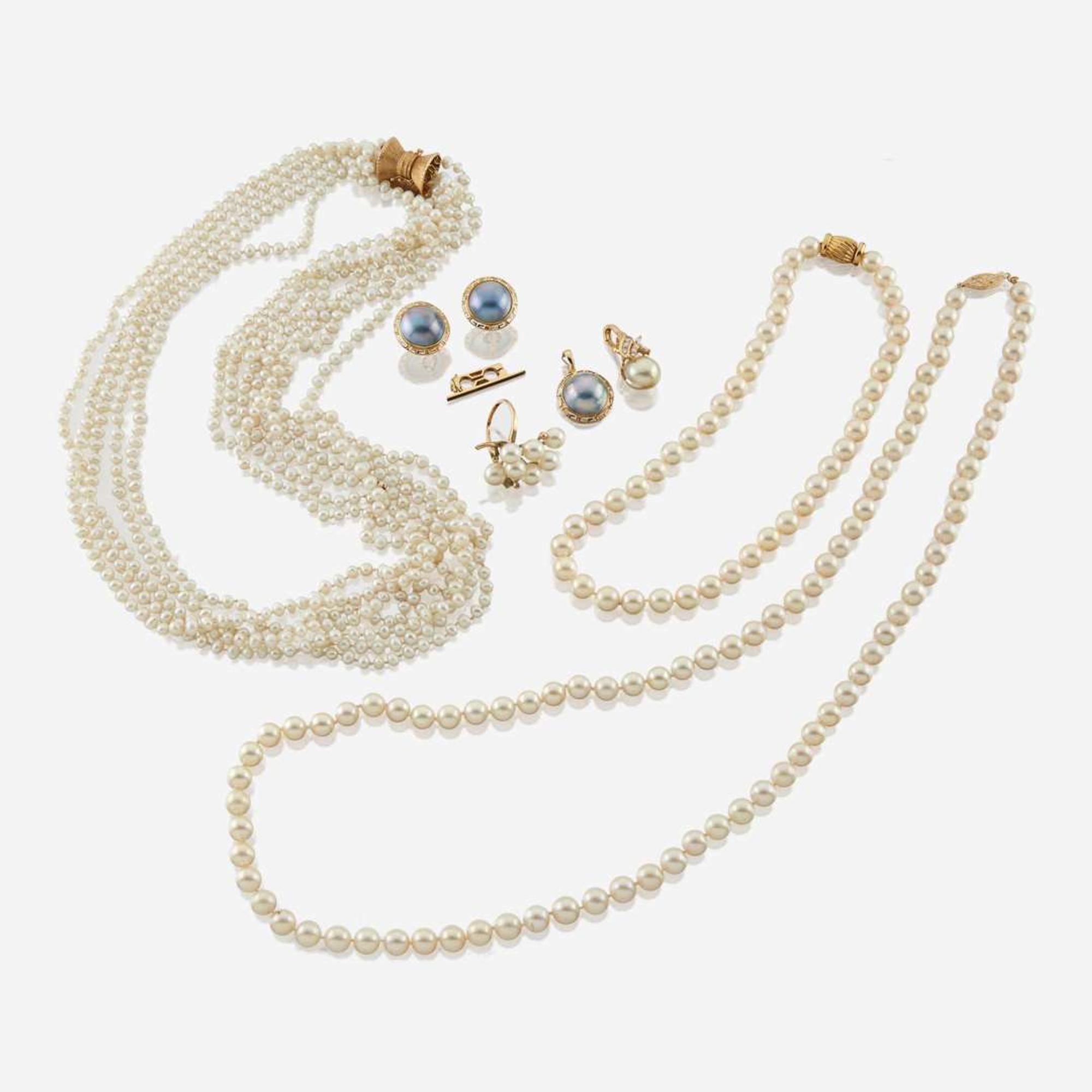A collection of six pieces of cultured pearl and gold jewelry