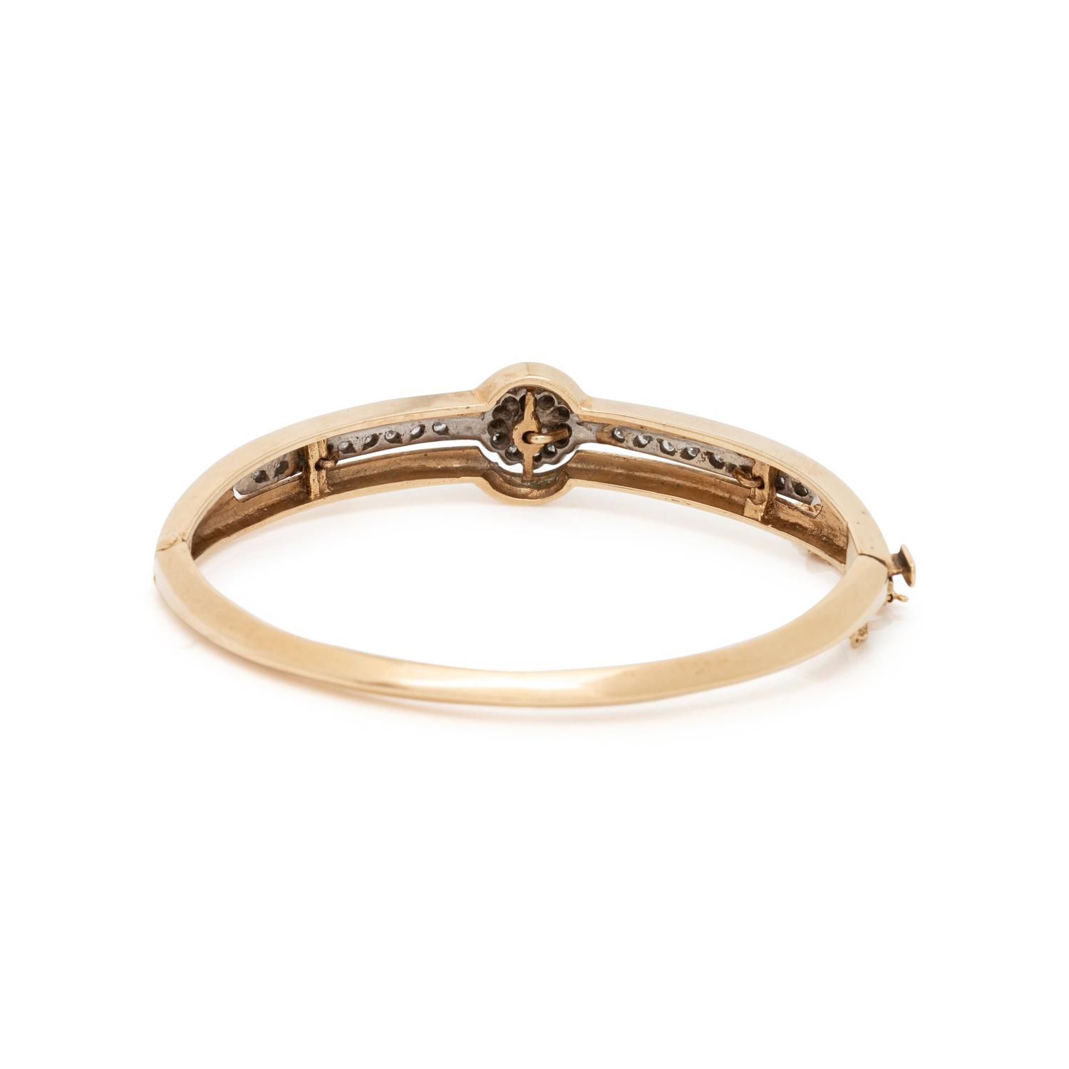 YELLOW GOLD, CULTURED PEARL, DIAMOND AND ENAMEL BANGLE BRACELET