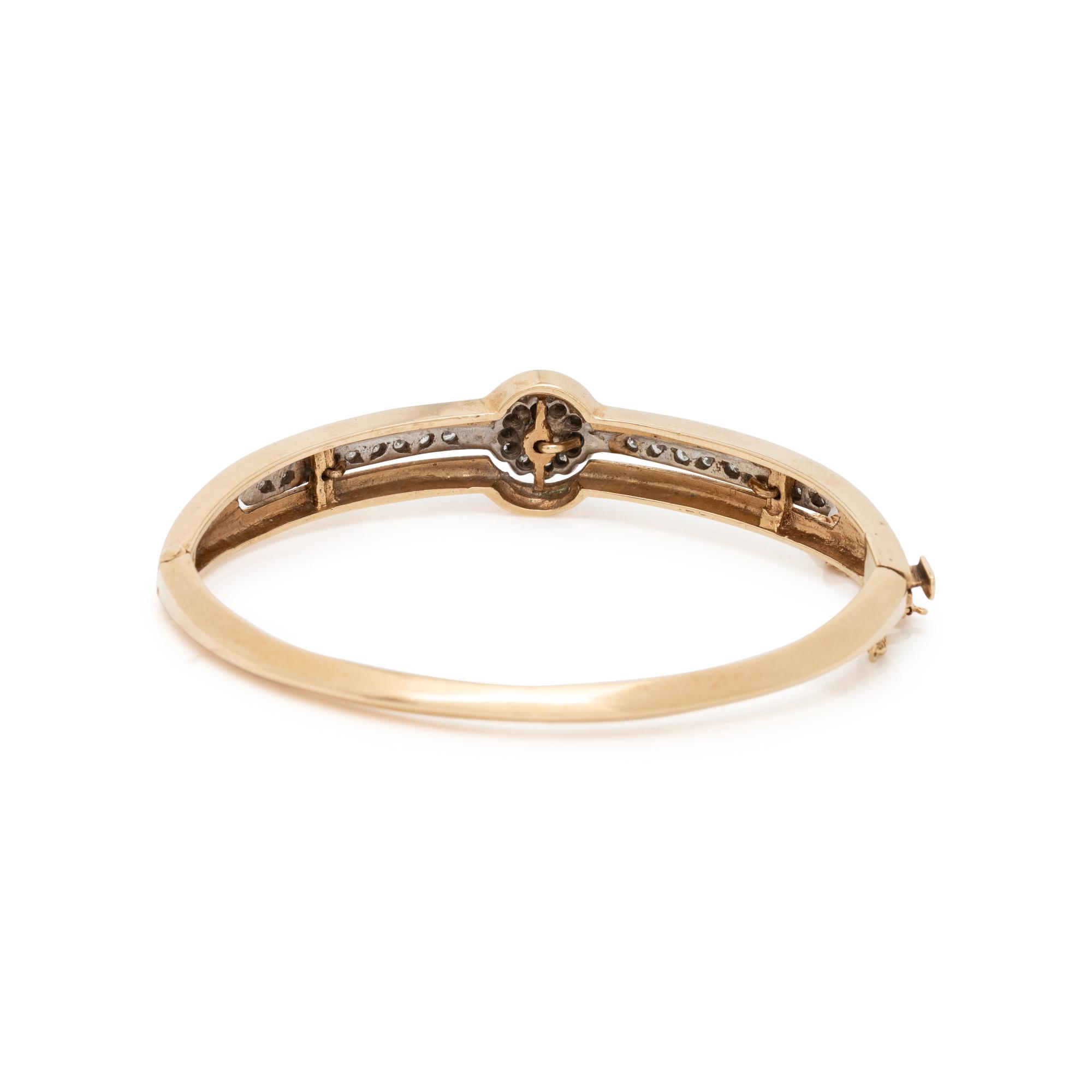 YELLOW GOLD, CULTURED PEARL, DIAMOND AND ENAMEL BANGLE BRACELET