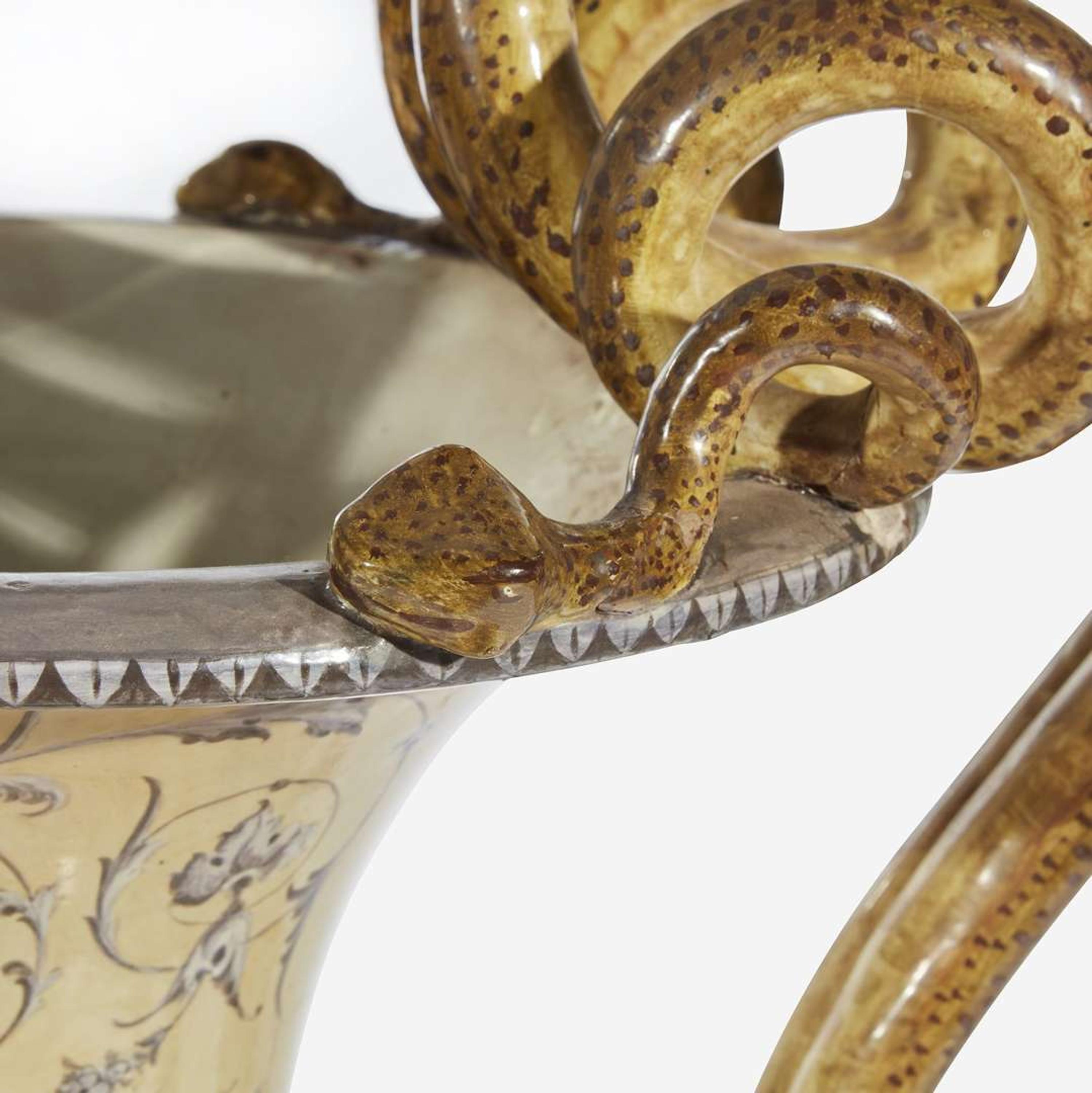 A Large Italian Majolica Twin-Handled Urn on Conforming Pedestal Probably Cantagalli, dated 1898