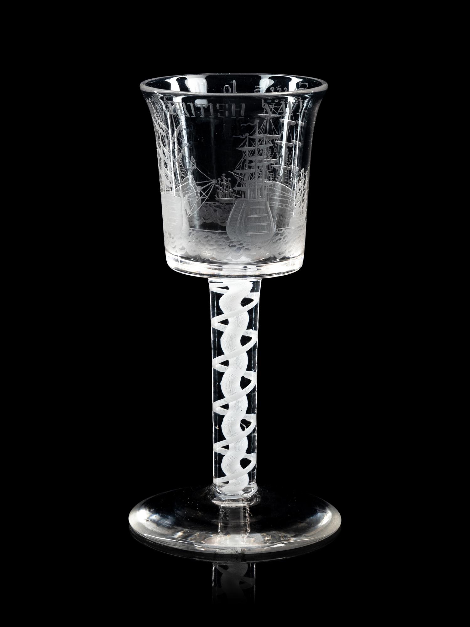 An Opaque Twist Engraved Wine Glass of British Naval Interest