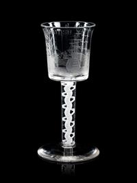 An Opaque Twist Engraved Wine Glass of British Naval Interest